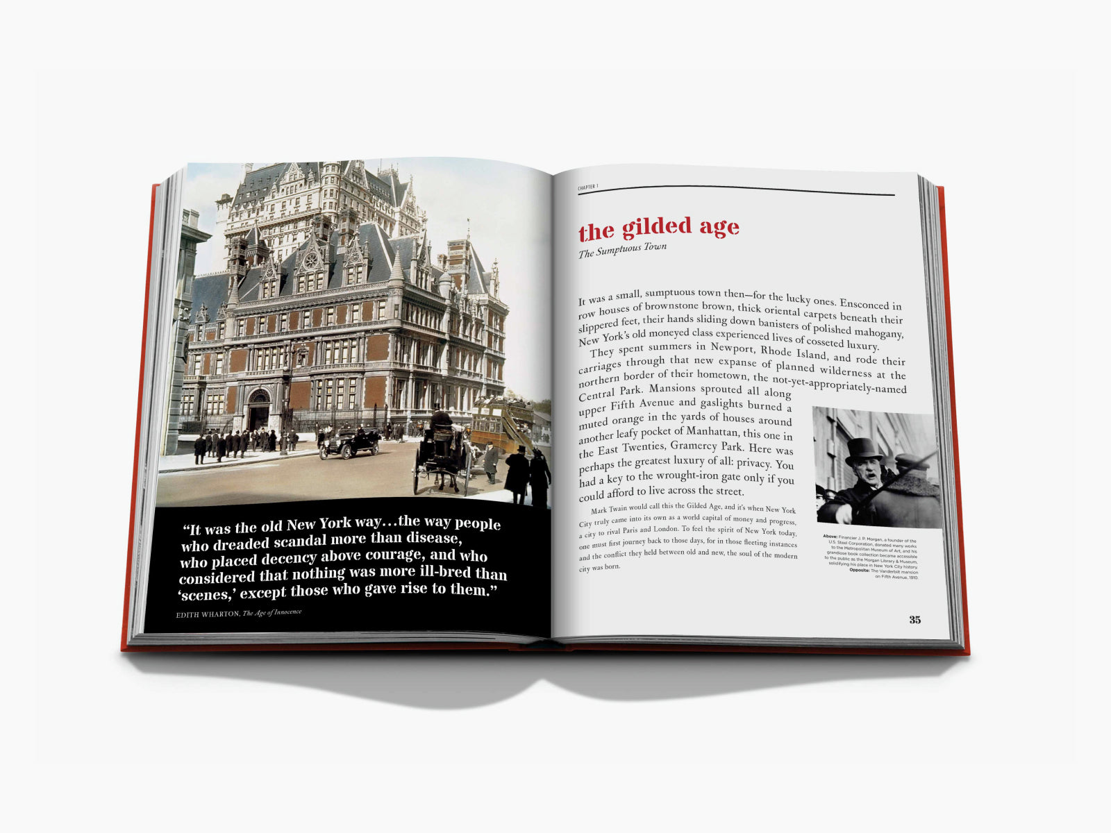 Open hardcover book spread showing a grand New York City building on the left and a gilded age text page on the right.