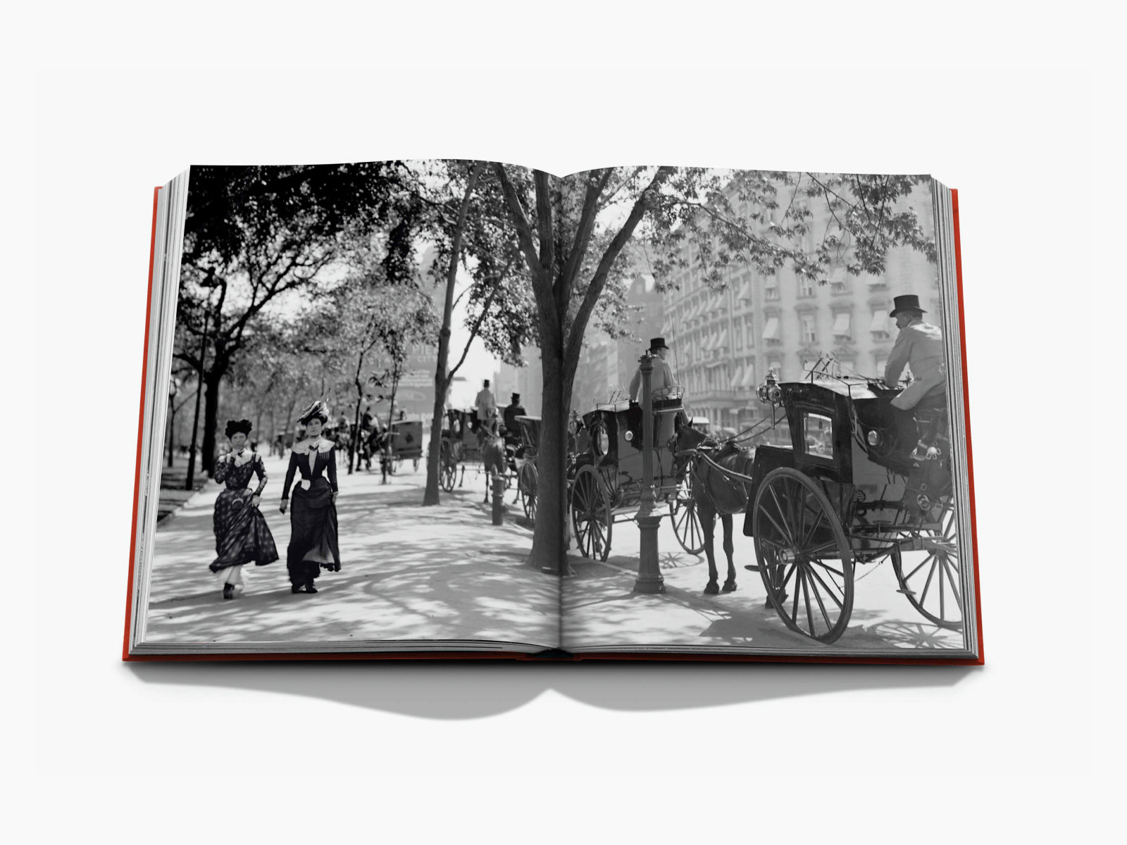 Black and white vintage New York street scene with horse drawn carriages and pedestrians