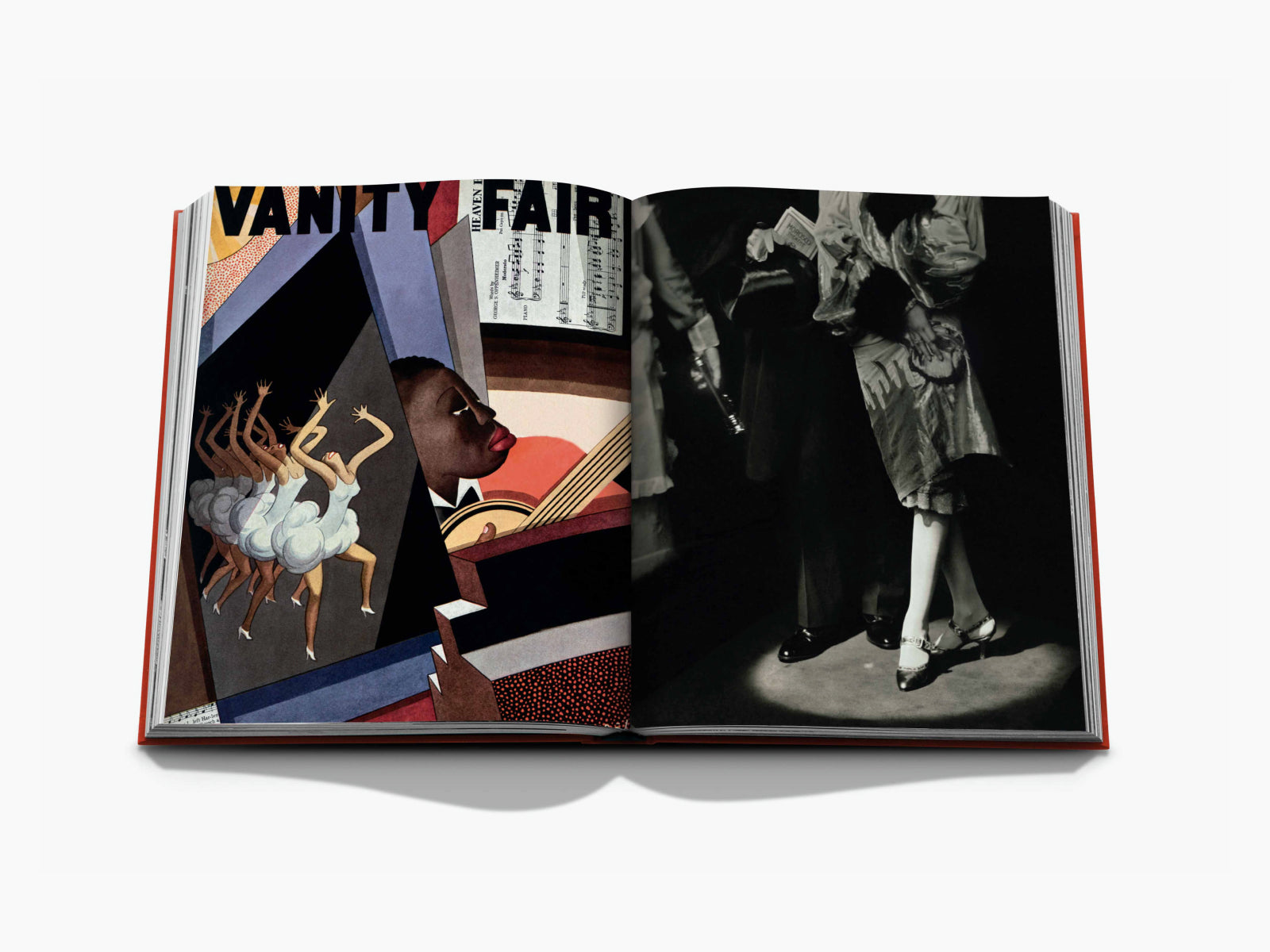 Open book spread featuring a Vanity Fair collage on the left and a black and white photograph of a couple dancing on the right.