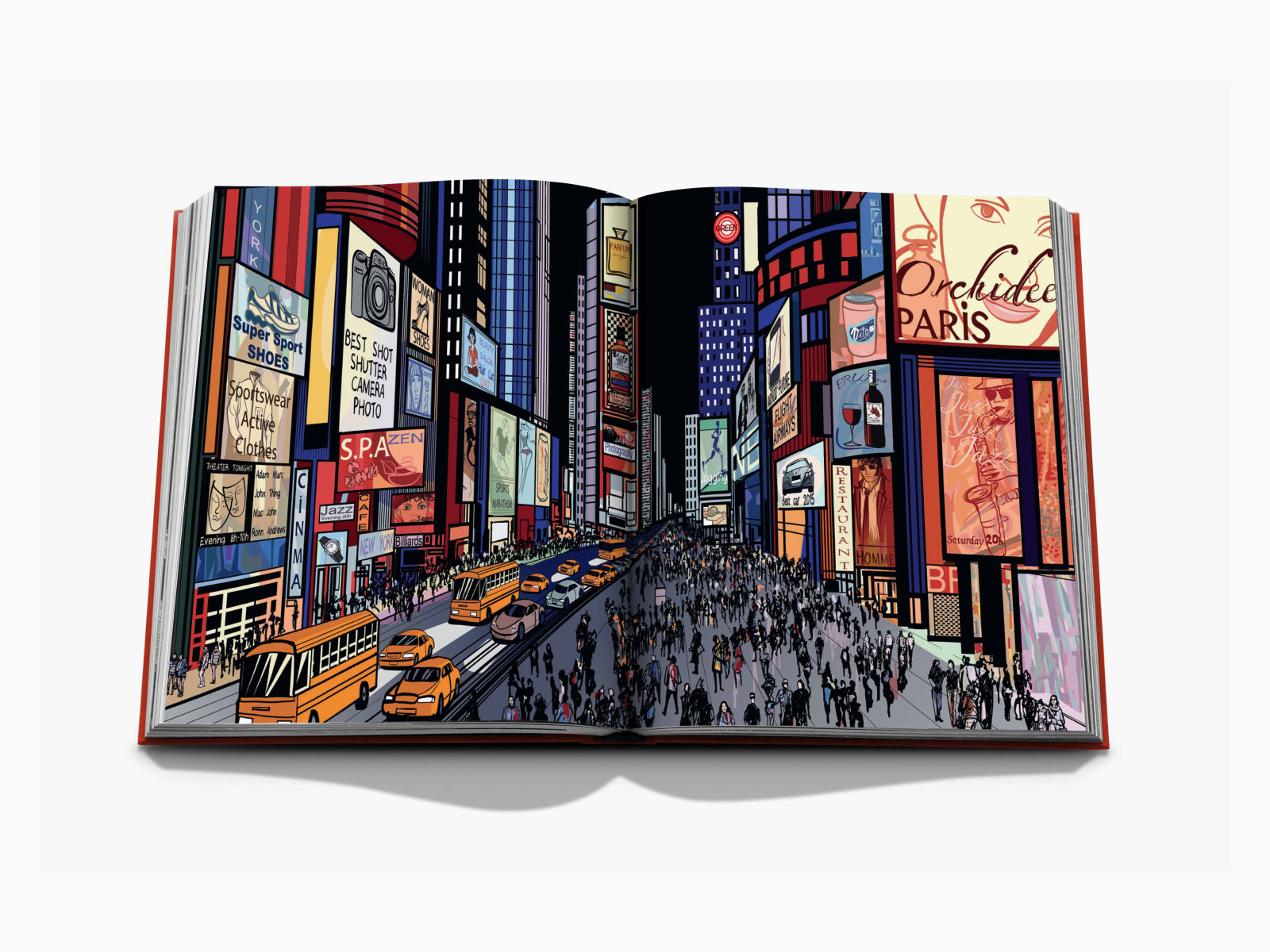 Open book spread of a crowded colorful city street illustration with bright billboards spanning both pages.
