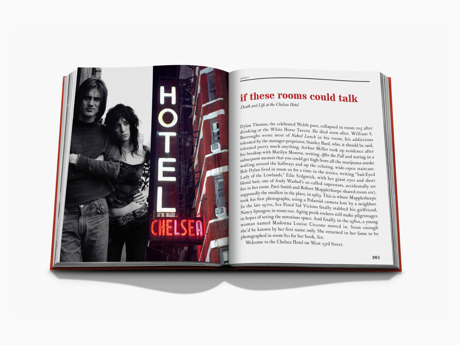 Open book spread with a black and white portrait of two people in front of a neon Chelsea hotel sign on the left and a red headline page on the right.