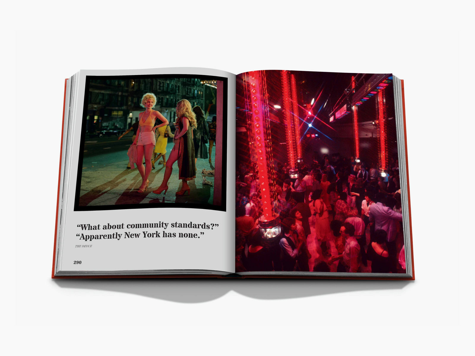 Open book spread with models on a city street on the left and a neon red nightclub scene on the right.