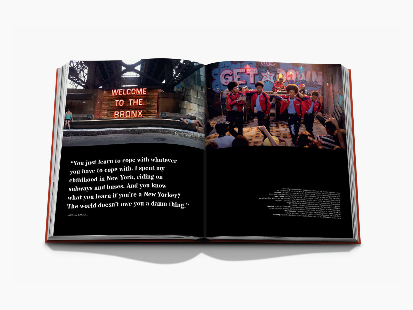 Two page spread with neon Welcome to the Bronx sign and people on the left and a graffiti stage performance on the right