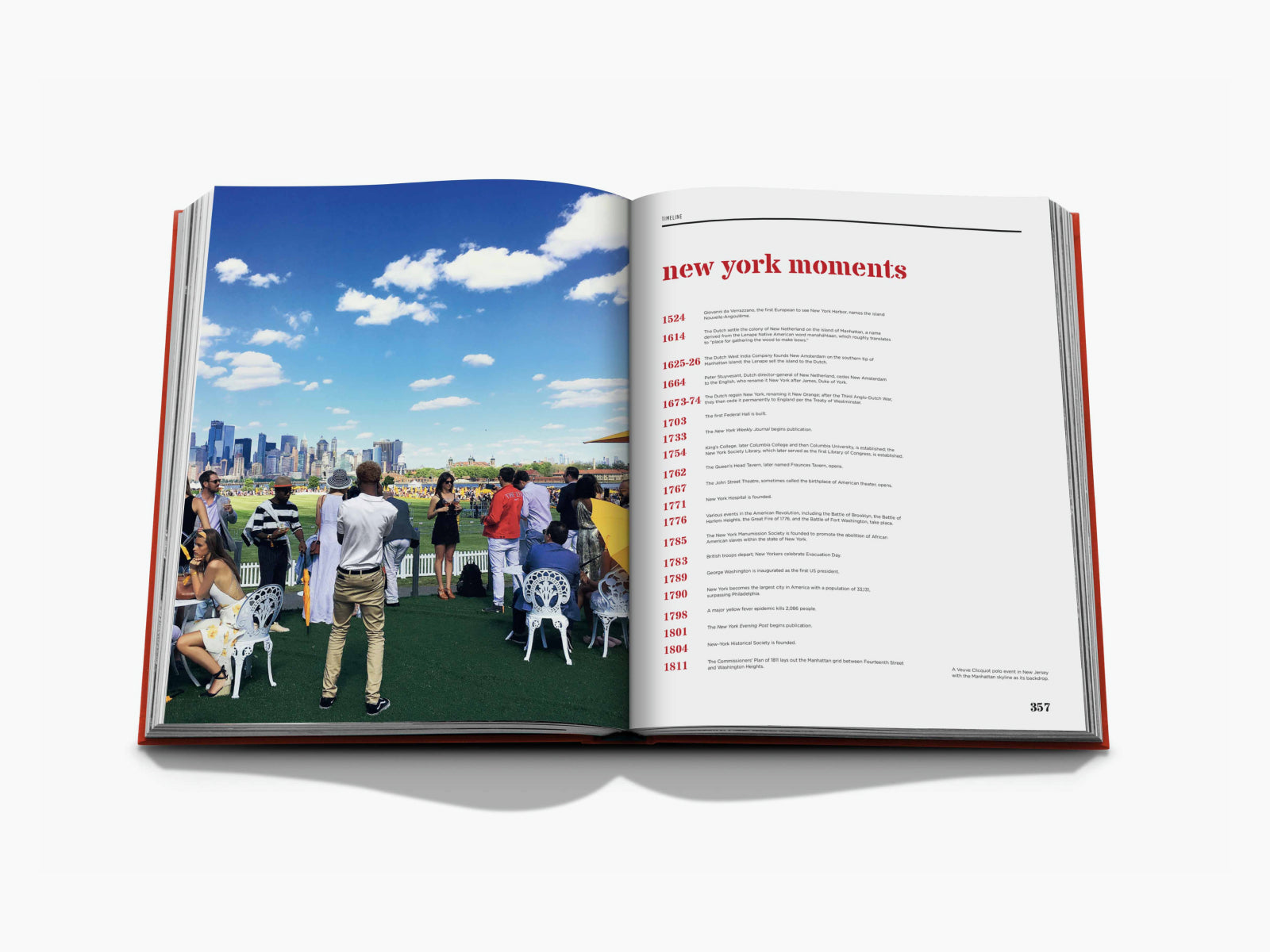 Open book spread showing a bright New York City skyline on the left and a timeline page titled new york moments on the right