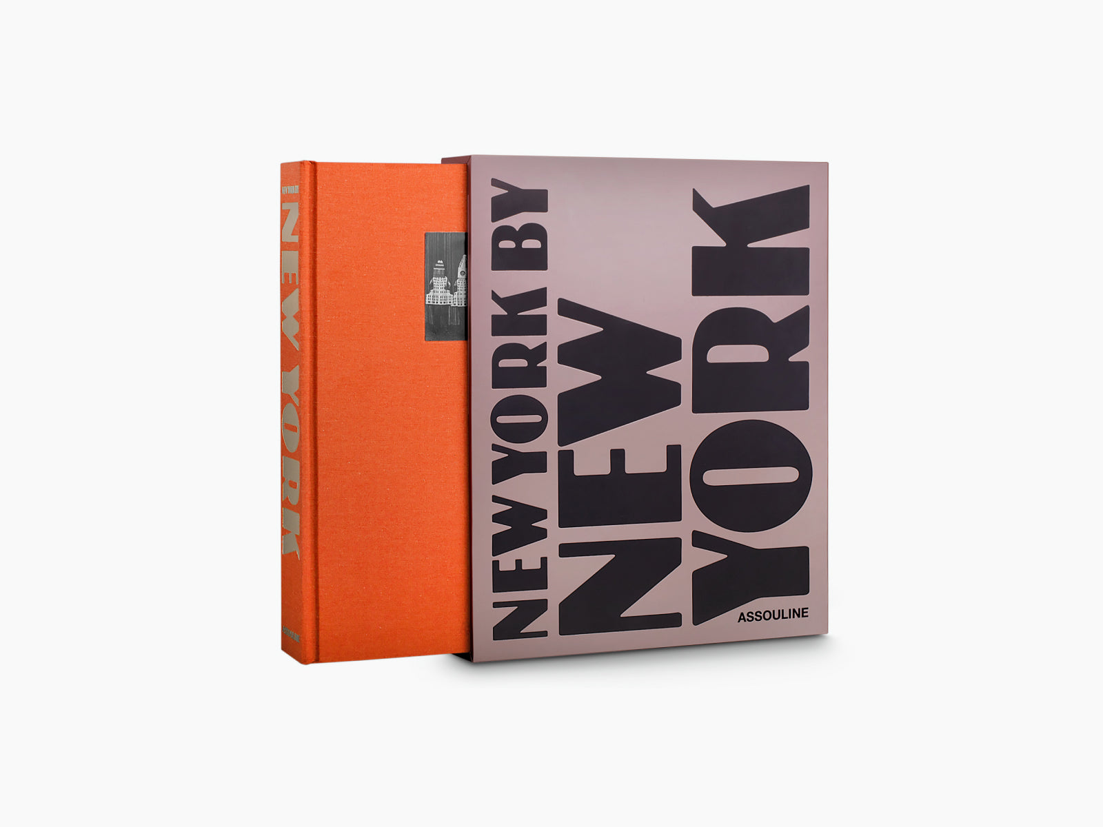 New York by New York book partially pulled from its orange slipcase, pink cover with bold typography and a small black and white photo on the orange panel.