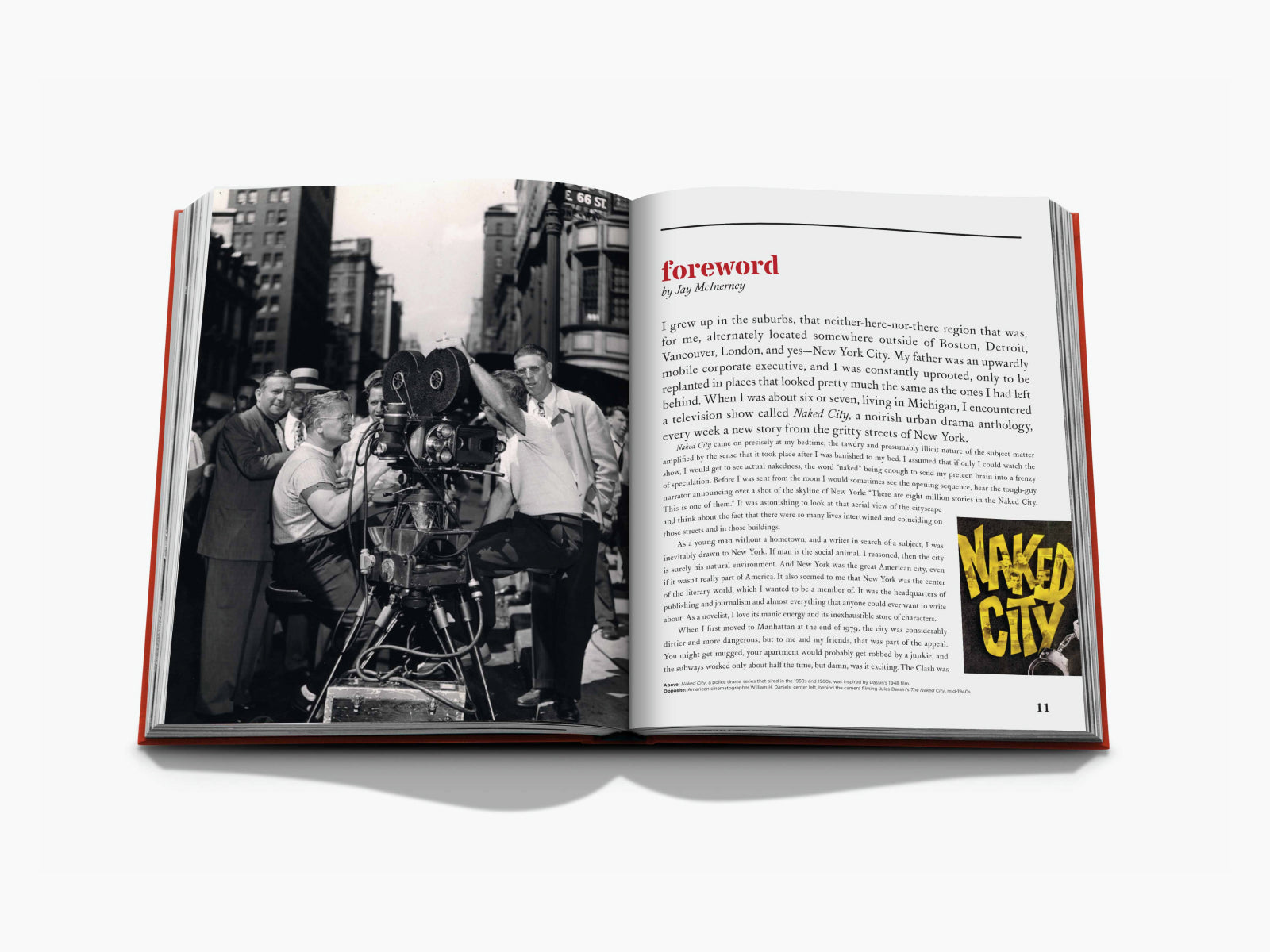 Open book spread with a vintage film crew filming on a New York street and a foreword page on the right.