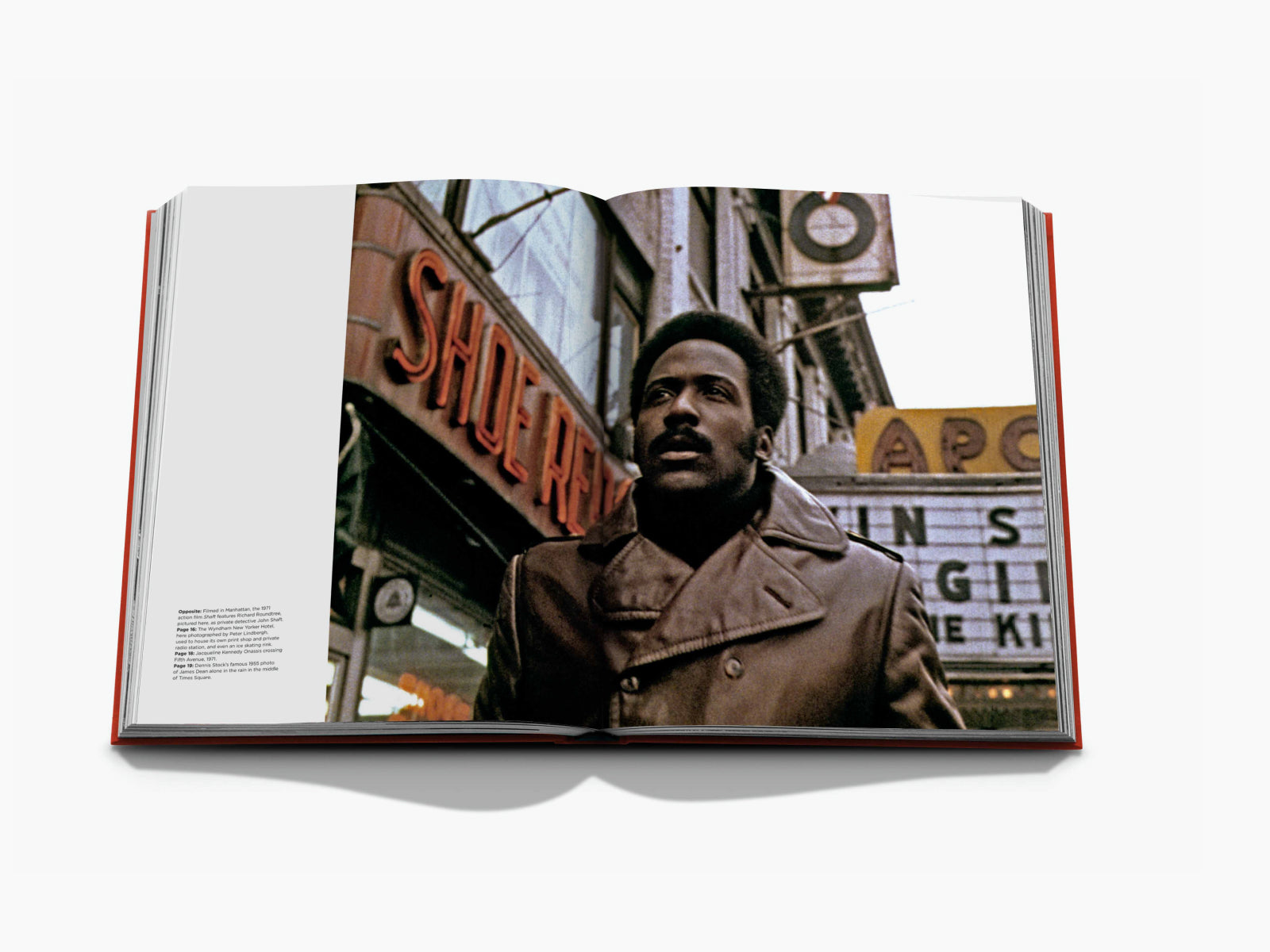 Open book spread from New York by New York showing a man in a brown coat on a busy street with neon signs