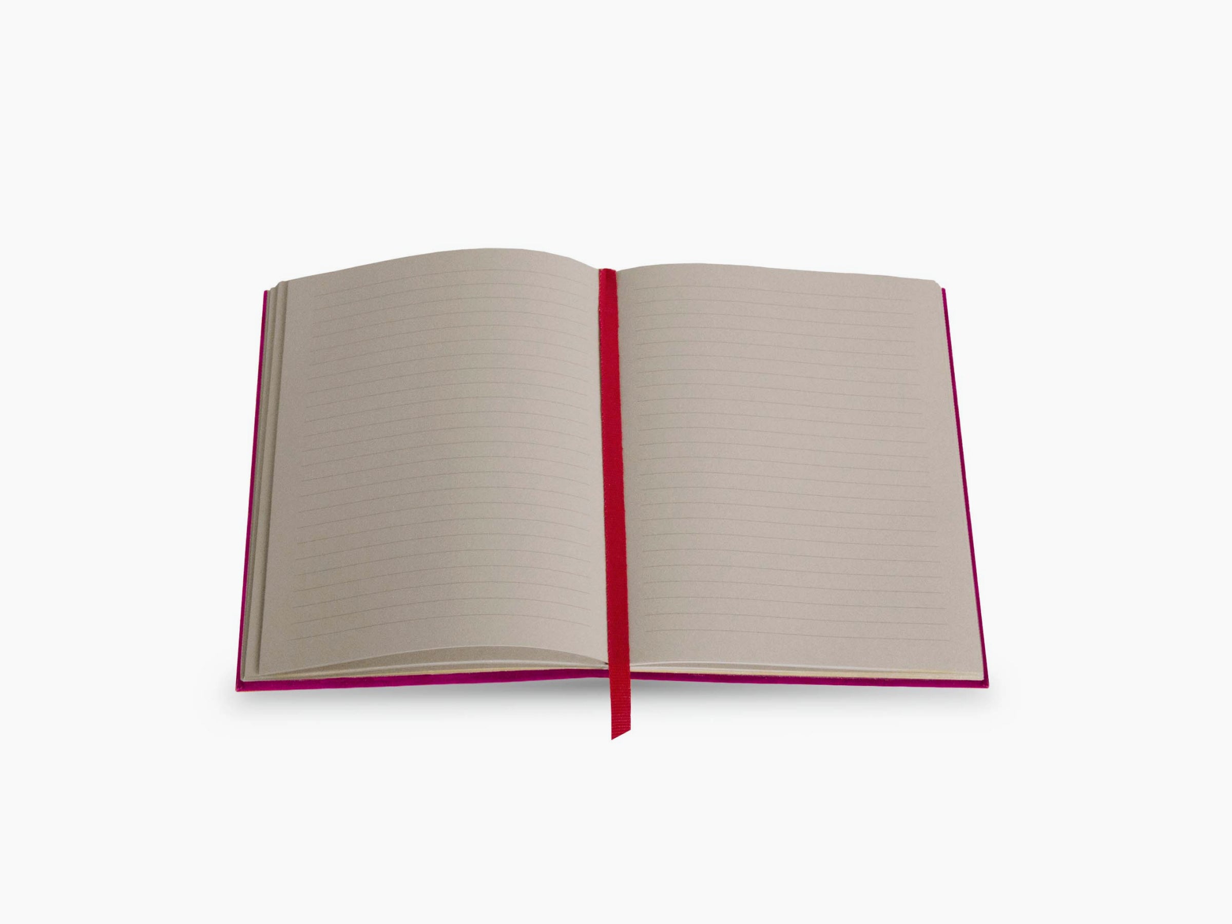 Obsessions notebook open to pale lined pages with a red ribbon bookmark and pink cover