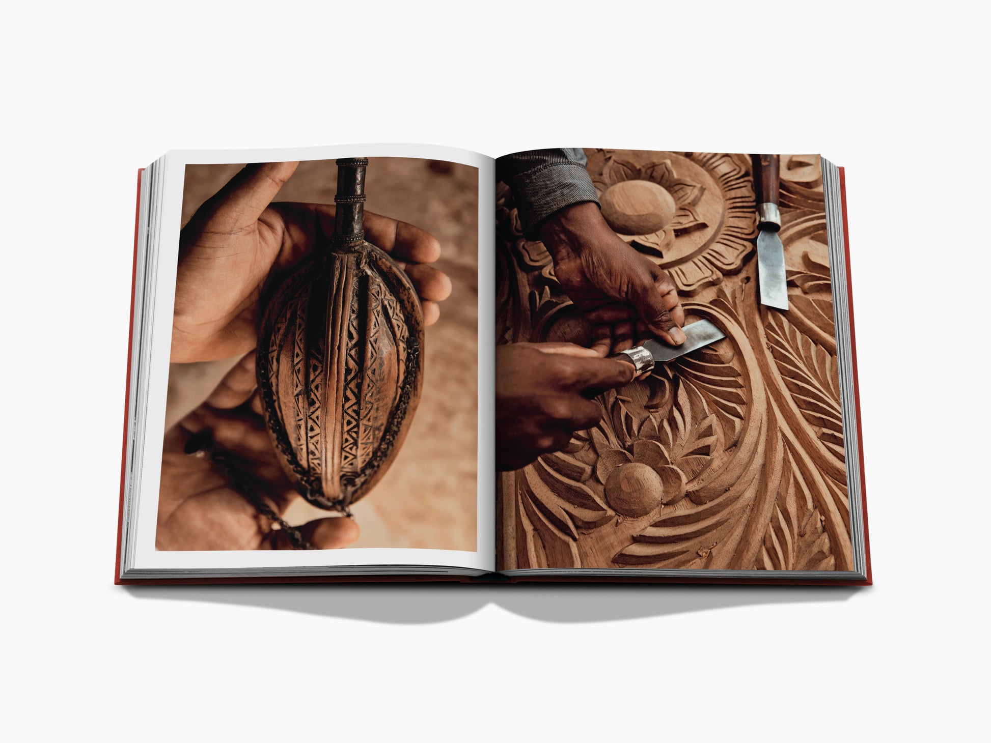 Two page spread with a carved wooden ornament held in a hand on the left and an artisan carving a detailed wood pattern on the right.