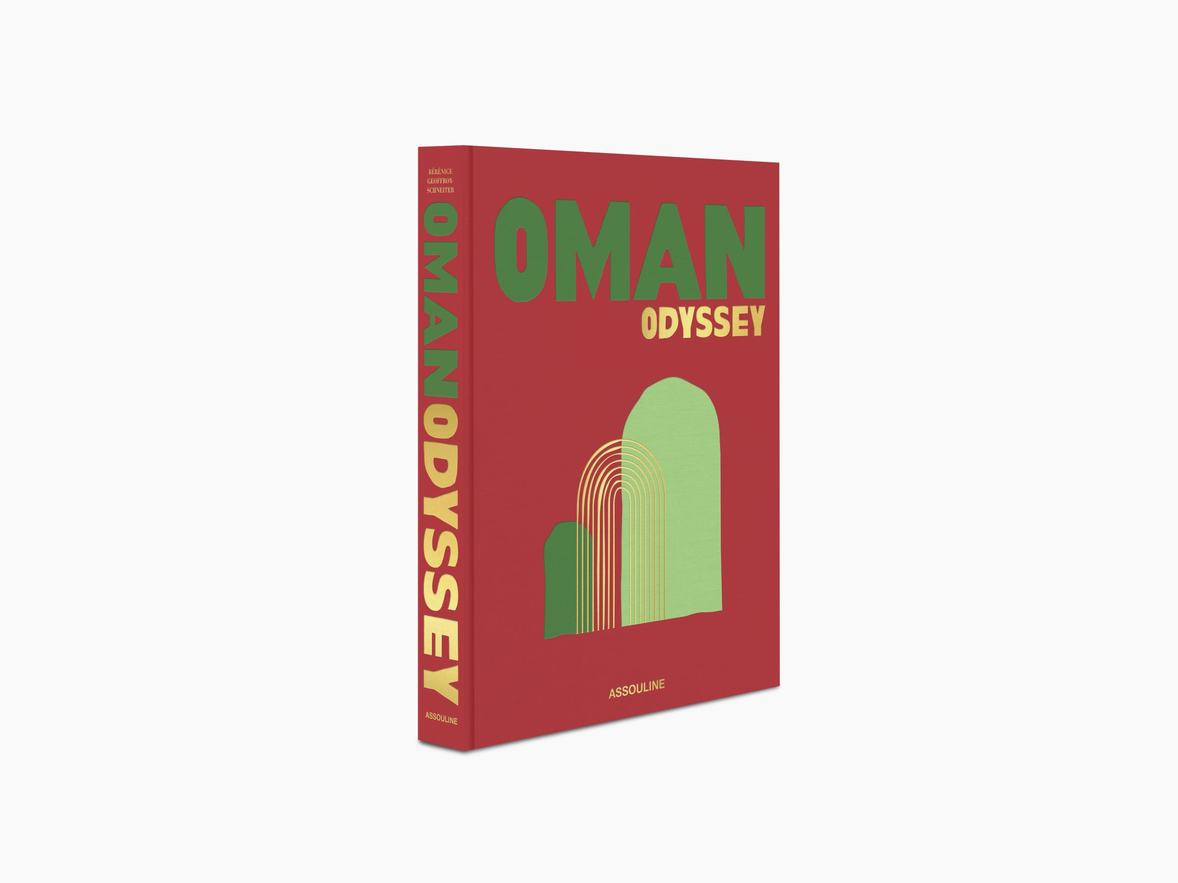 Angled Oman Odyssey book showing spine and front cover with bold green Oman and yellow Odyssey on red background and arches graphic