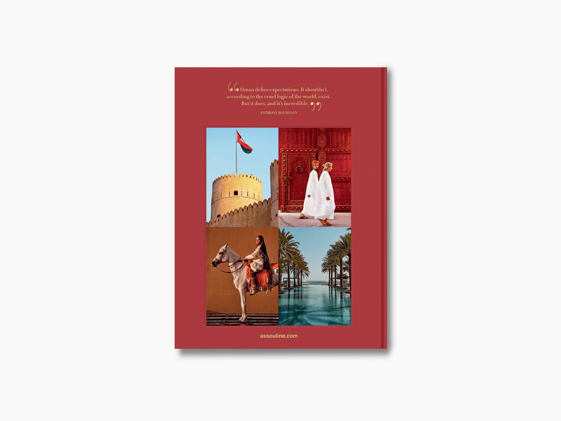 Oman Odyssey collage edition cover with four photographs fort gate rider on horseback and palm lined pool on a red background