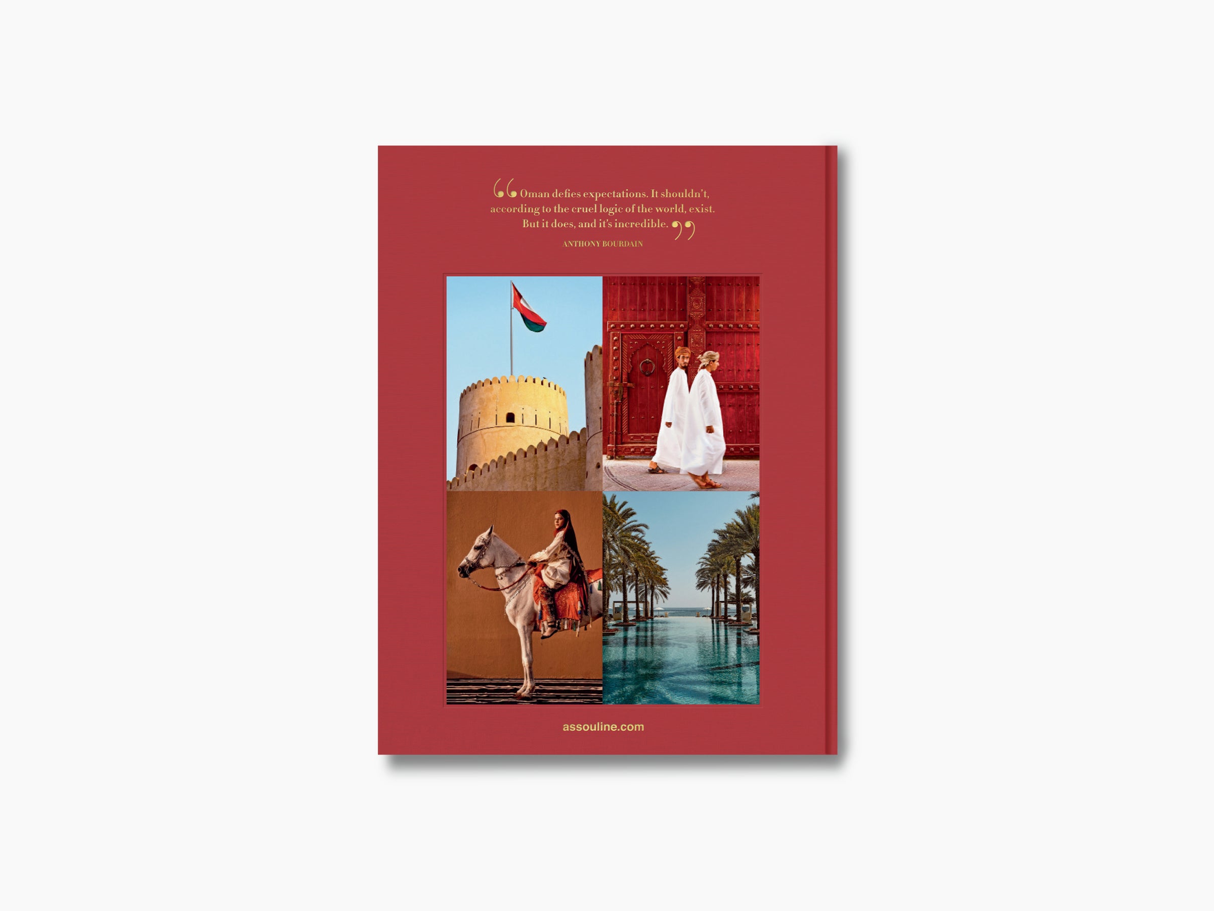 Oman Odyssey collage edition cover with four photographs fort gate rider on horseback and palm lined pool on a red background