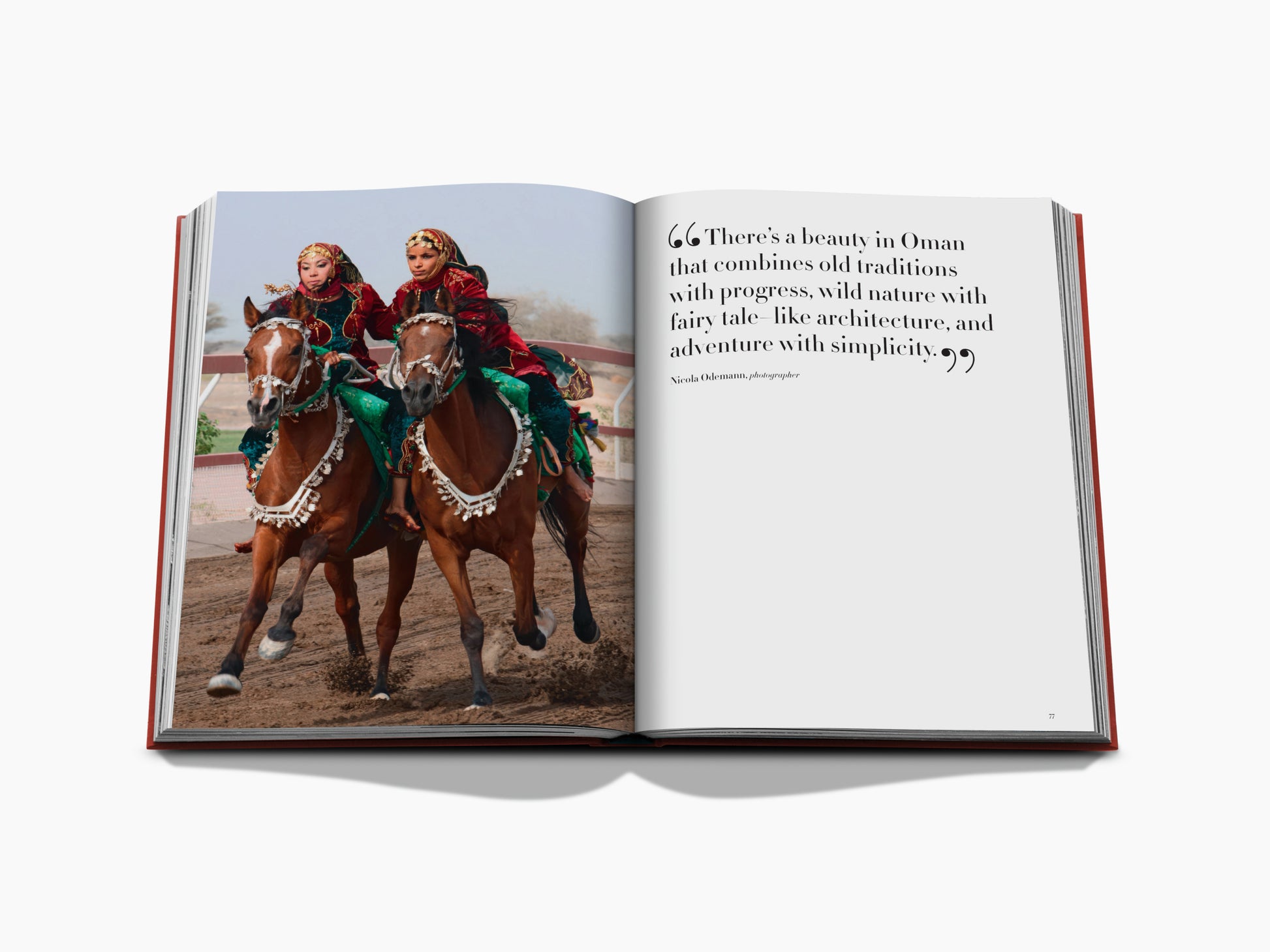 Open book spread with riders in traditional costumes on the left and a decorative quote on the right page.