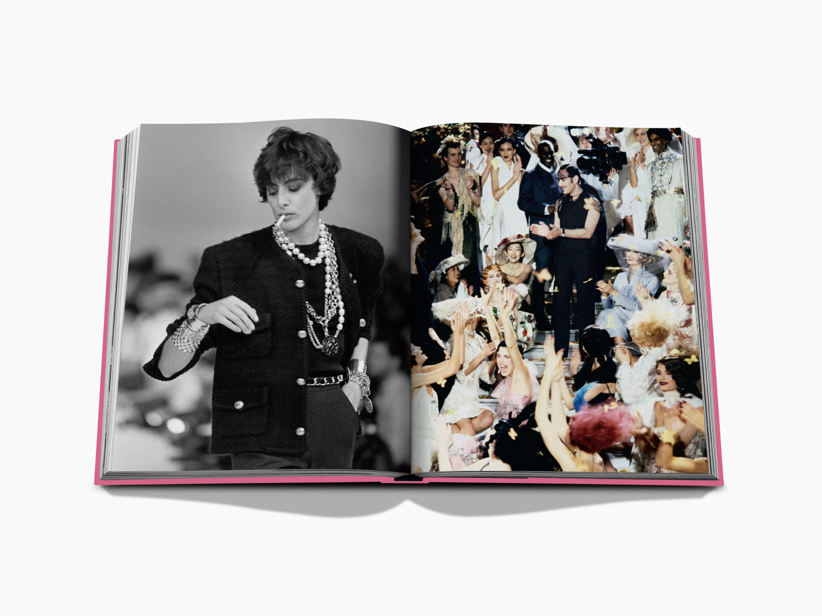 Paris by Paris spread with a pearl necklace portrait on the left and a bustling fashion show crowd on the right.