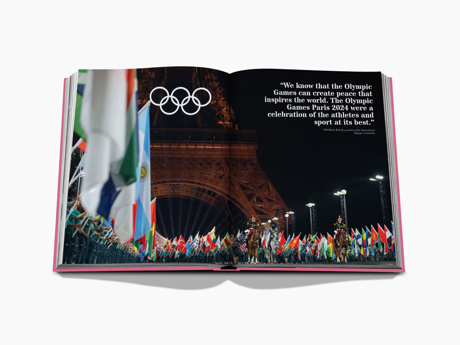 Left page shows a grayscale portrait of a chic woman with pearls; right page depicts an Olympic ceremony with flags and the Eiffel Tower at night.