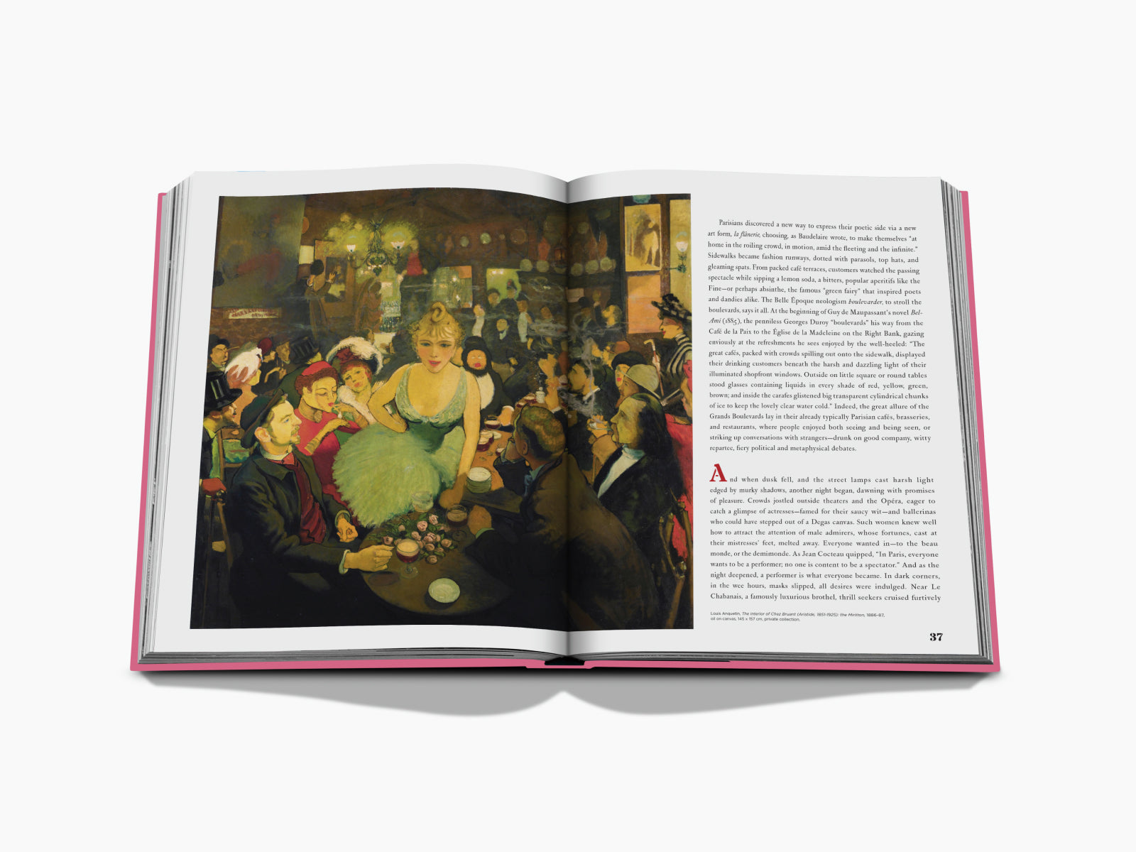Color illustration of a lively Paris fashion crowd with women in formal gowns at a social gathering.
