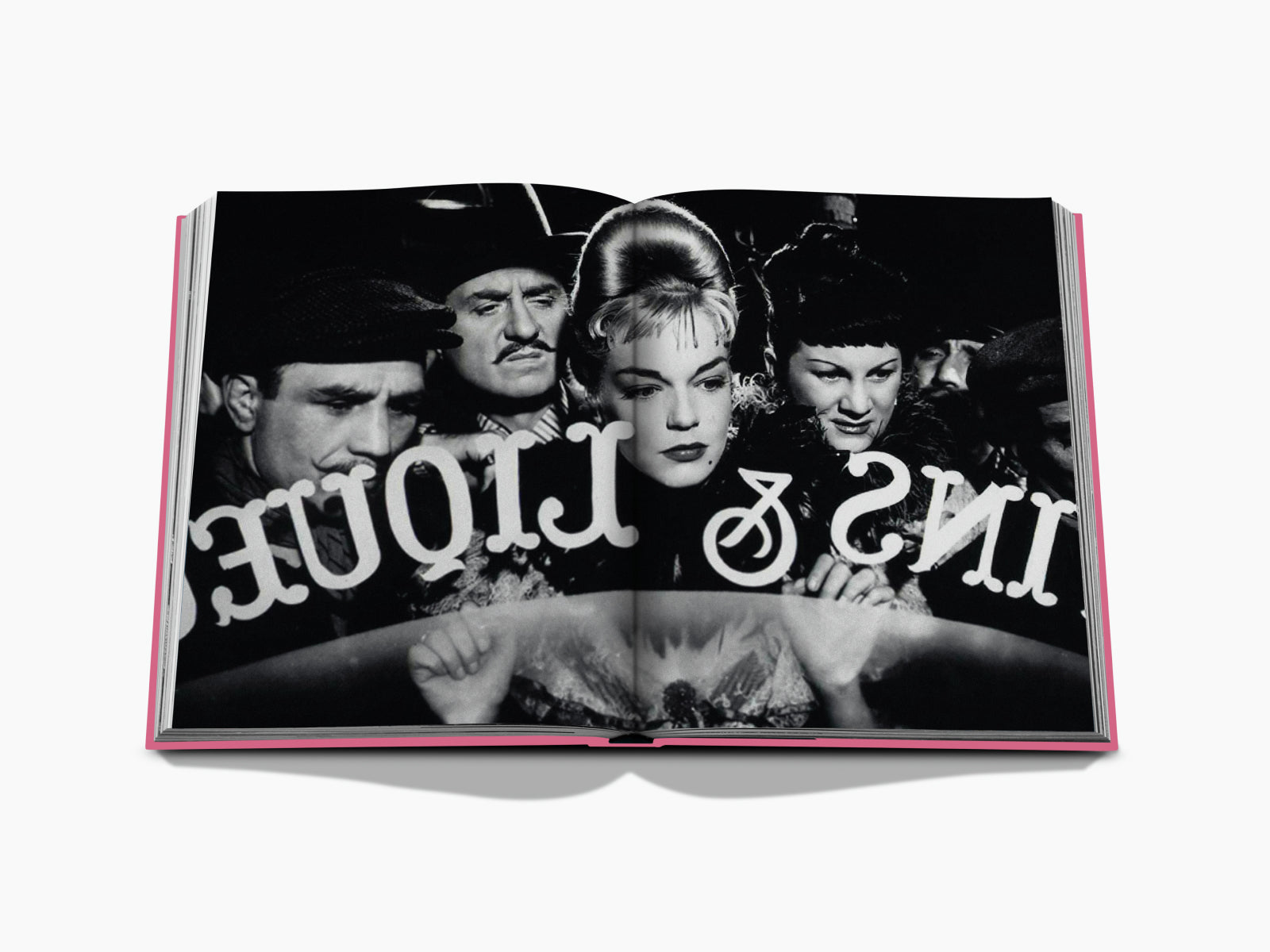 Open book spread with a city skyline and bold white quote on the left and a statue head on the right.
