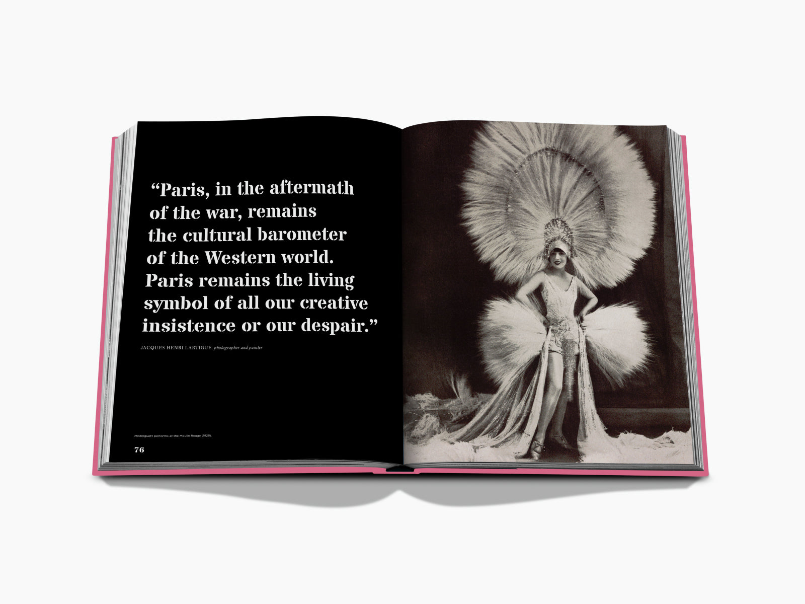 Paris by Paris spread with a black left page featuring a white quote and a right page showing a glamorous feathered showgirl.