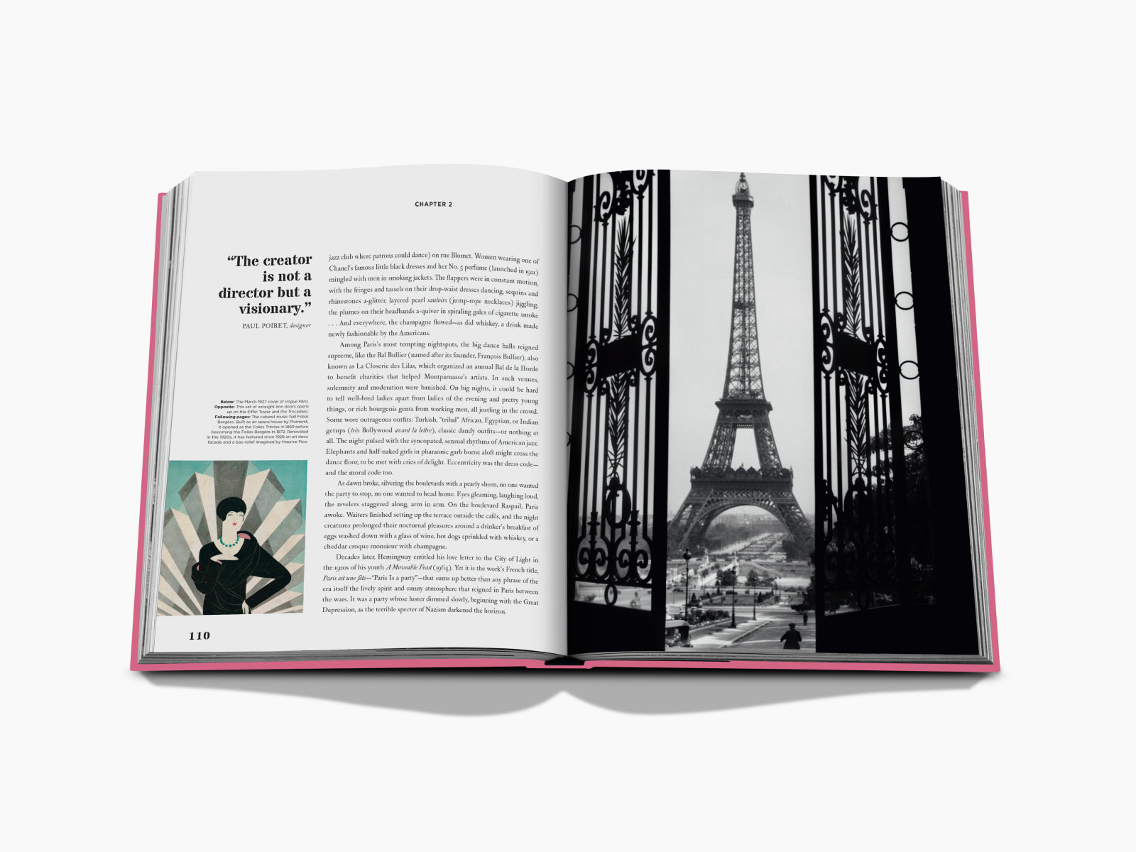 Paris by Paris open spread with a bold left page quote and the Eiffel Tower peeking through ornate gates on the right.