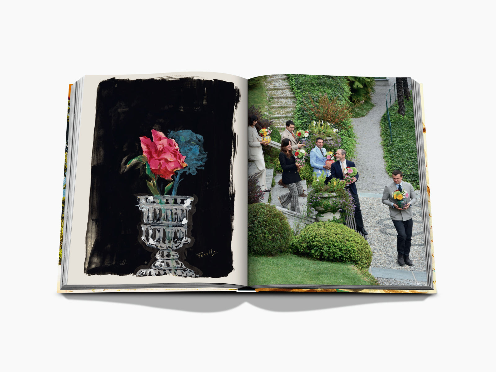 Open book spread shows a black page with a rose in a vase on the left and guests with flowers on a terrace on the right.