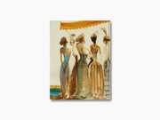 Illustration of glamorous women in evening gowns by a lakeside with an orange canopy
