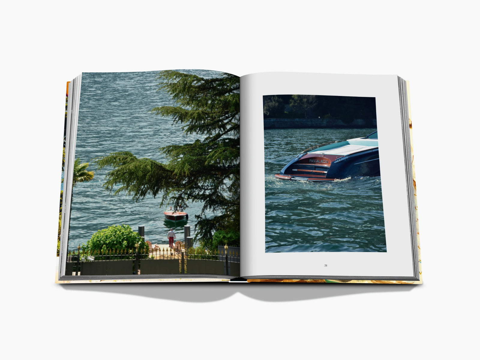 Open book spread shows Lake Como left with trees and a small boat, and a blue Passalacqua speedboat on the right.