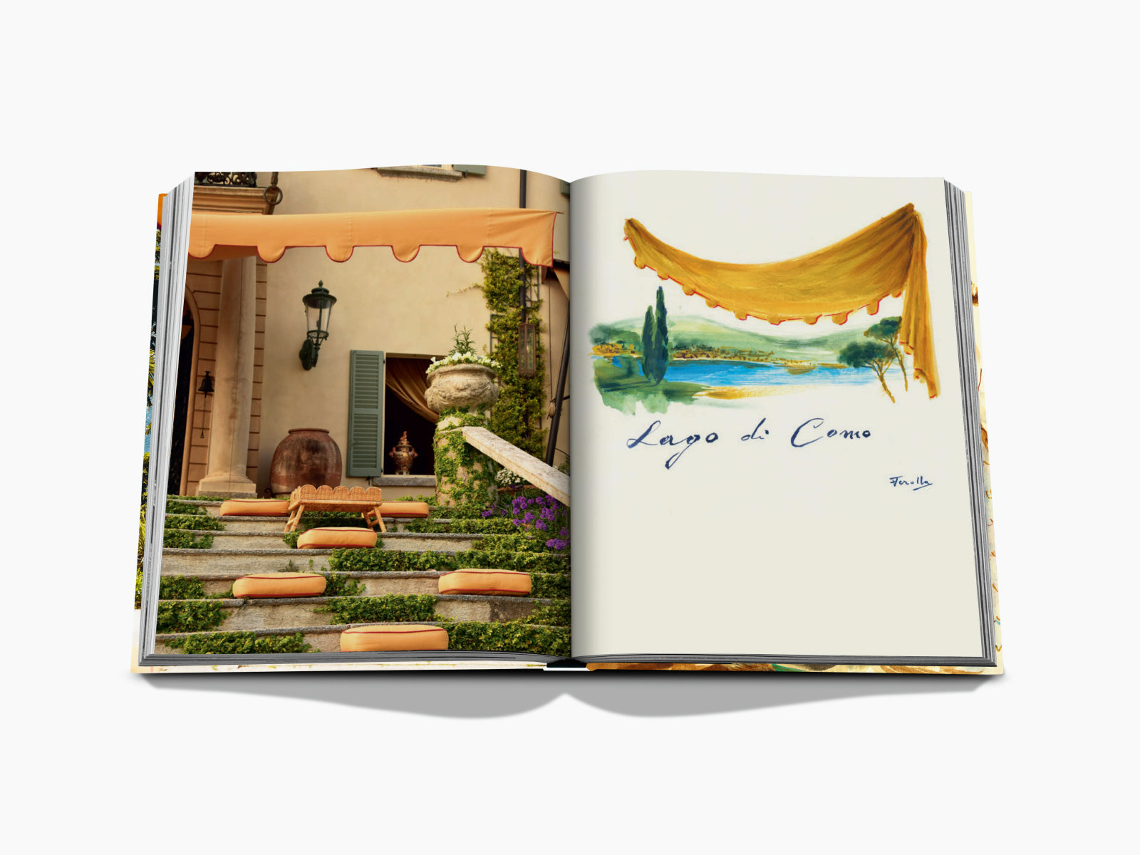 Open Passalacqua book spread showing outdoor stairs with orange cushions on the left and a Lago di Como painting on the right