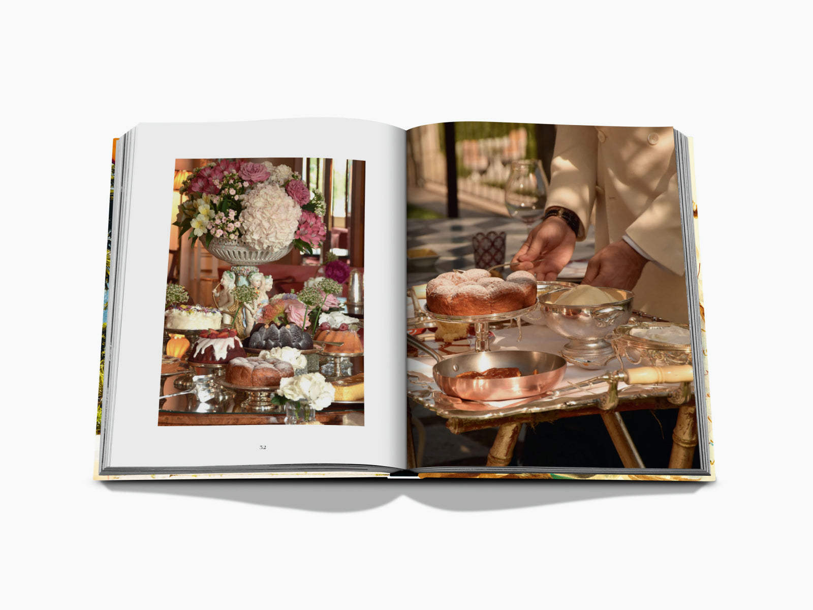 Luxurious book spread with a grand dessert table and floral centerpiece on the left and pastries being prepared on the right.