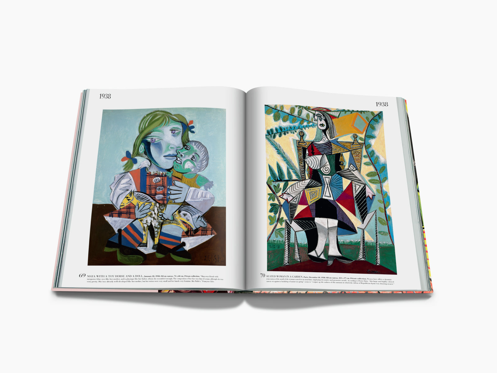 Open Picasso The Impossible Collection spread from 1938 showing a blue portrait with a child on the left and a colorful cubist seated figure on the right.