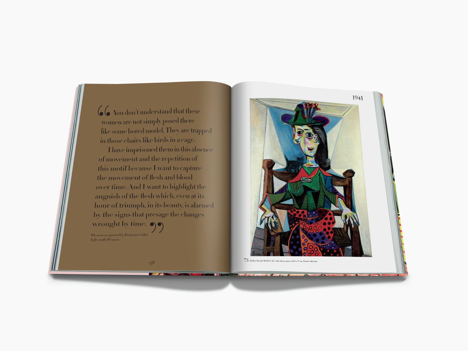 Open Picasso The Impossible Collection 1941 spread with a brown quote page on the left and the Dora Maar with Cat painting on the right.