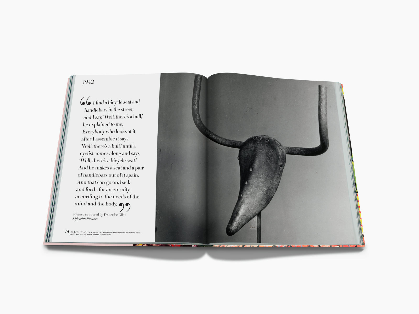 Open spread from Picasso The Impossible Collection showing a 1942 quote on the left and grayscale sculpture on the right.