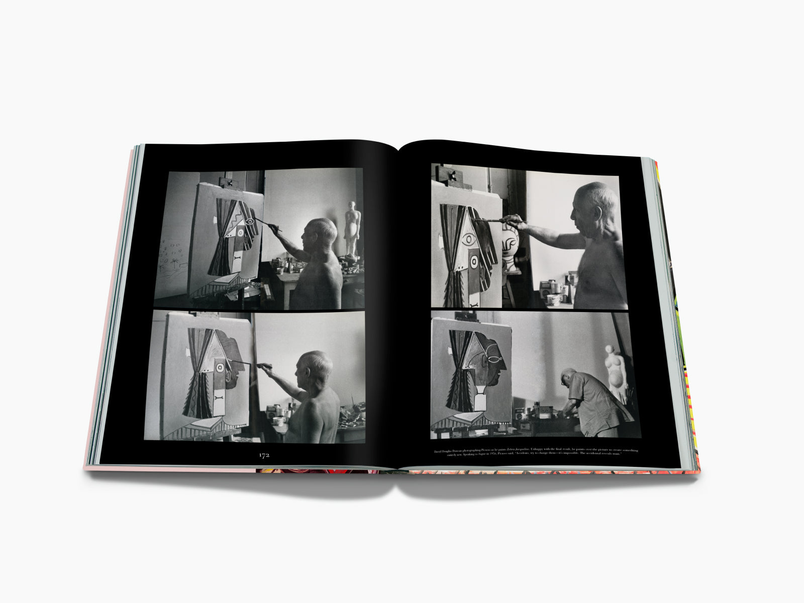 Two-page spread of four black-and-white studio photographs showing Picasso painting in his workshop.