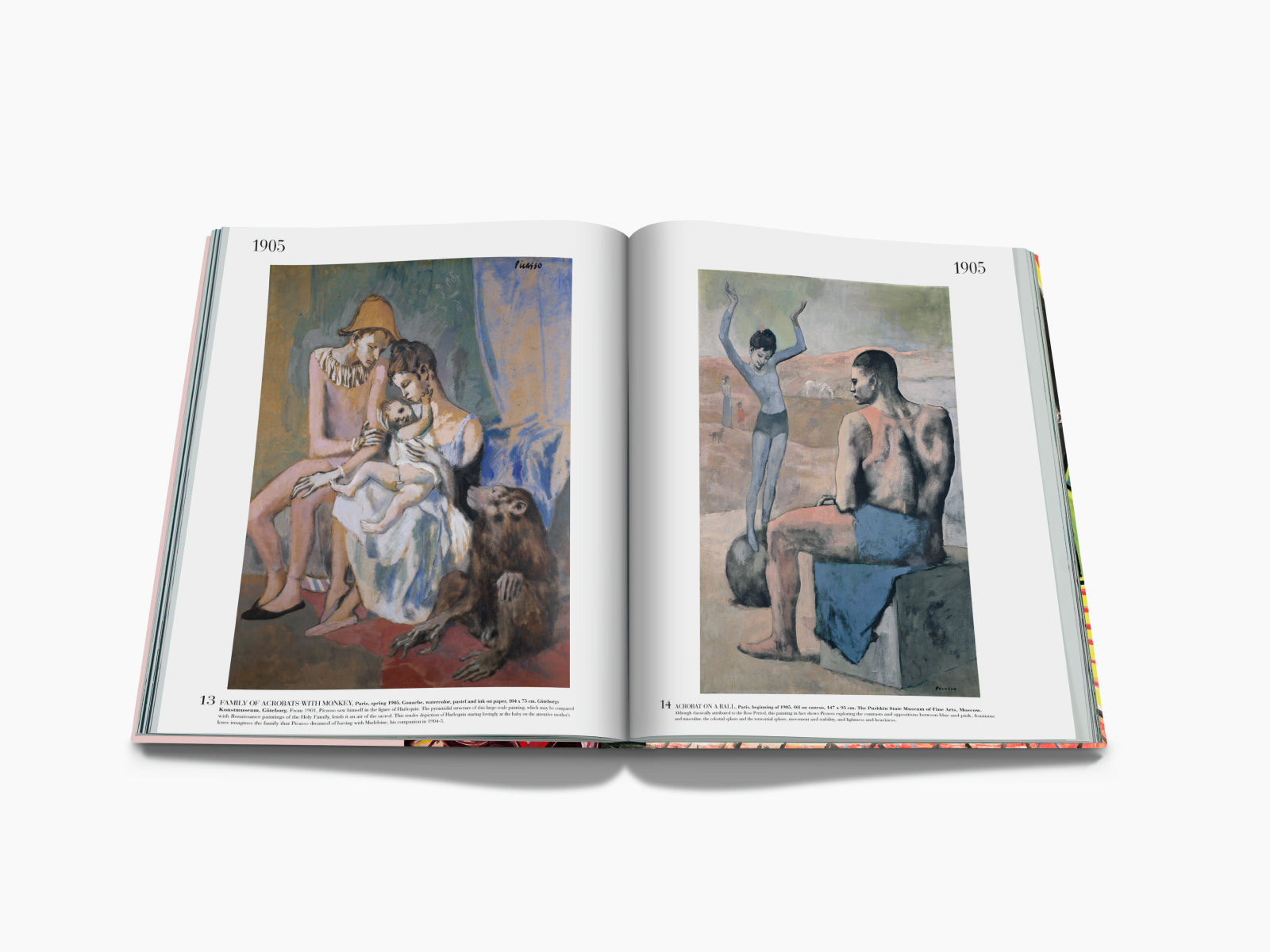 Open spread from Pablo Picasso The Impossible Collection with a 1905 family scene on the left and a man in a brown coat portrait on the right.