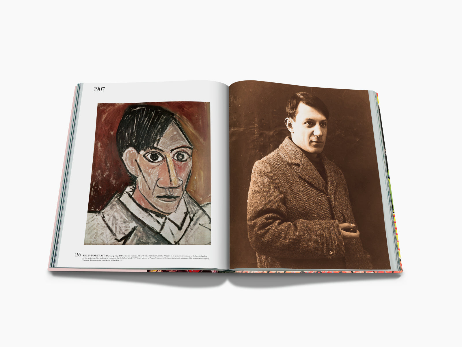 Open spread from Pablo Picasso The Impossible Collection showing a 1907 cubist style portrait on the left and a man in a textured coat on the right.