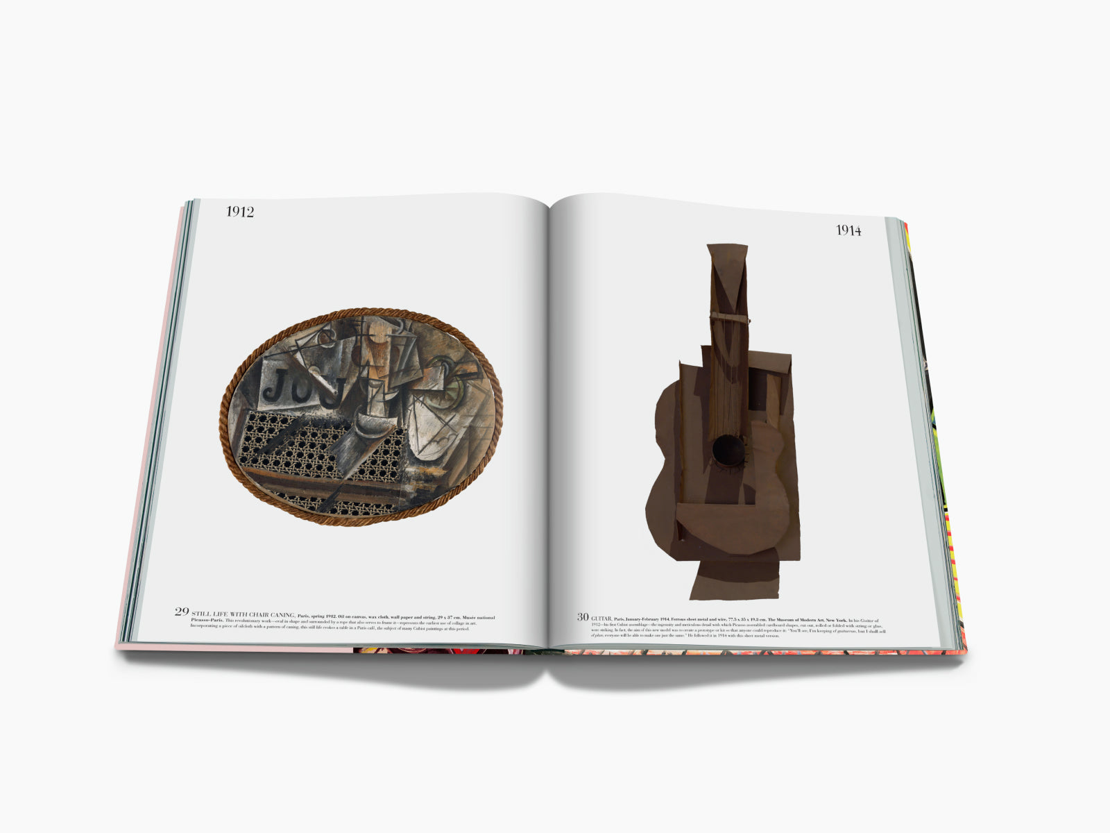 Open Picasso The Impossible Collection spread showing a 1912 round woven collage on the left and a brown abstract sculpture on the right.