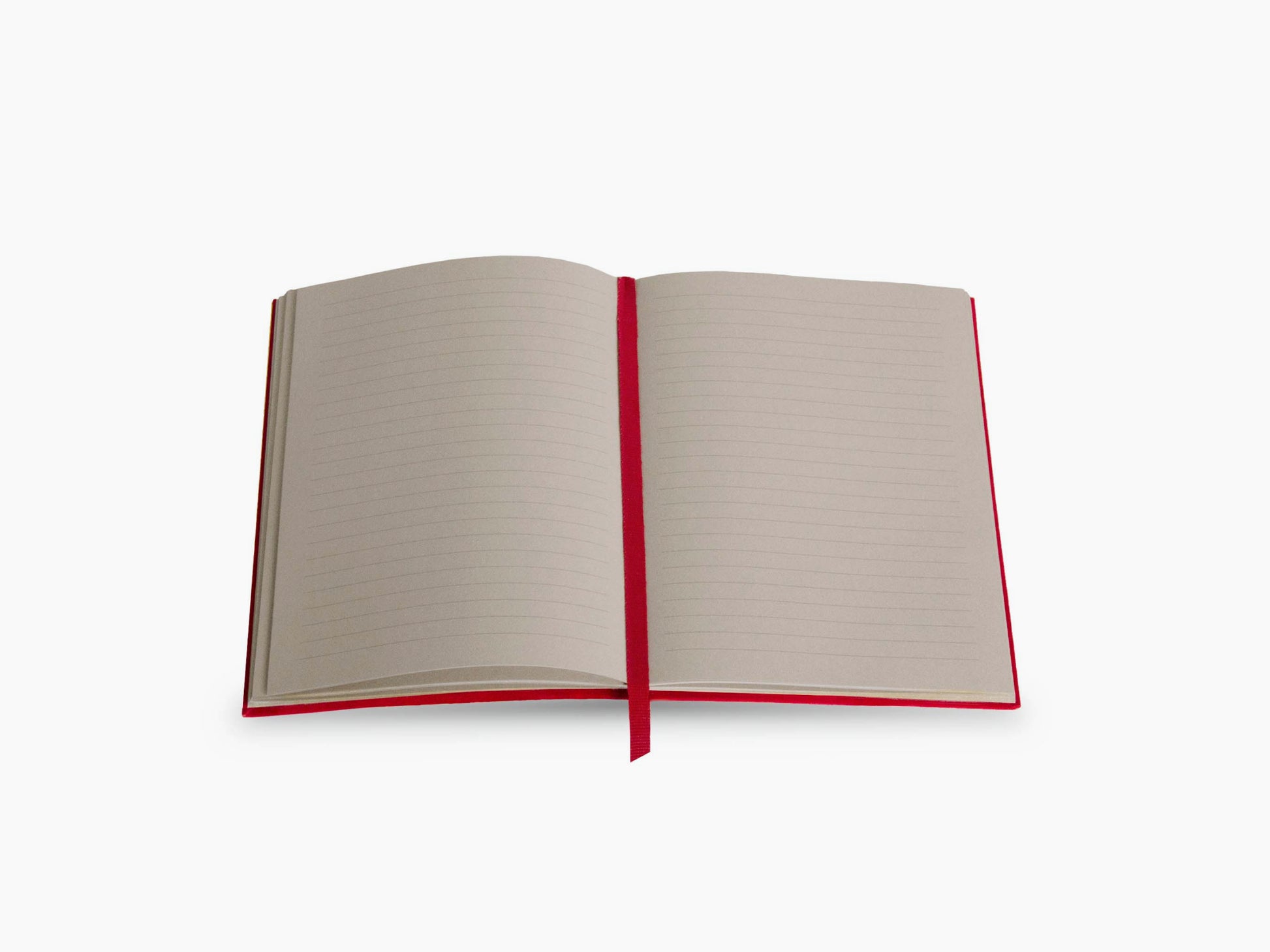 Open notebook with cream lined pages and a red ribbon bookmark against a white background.