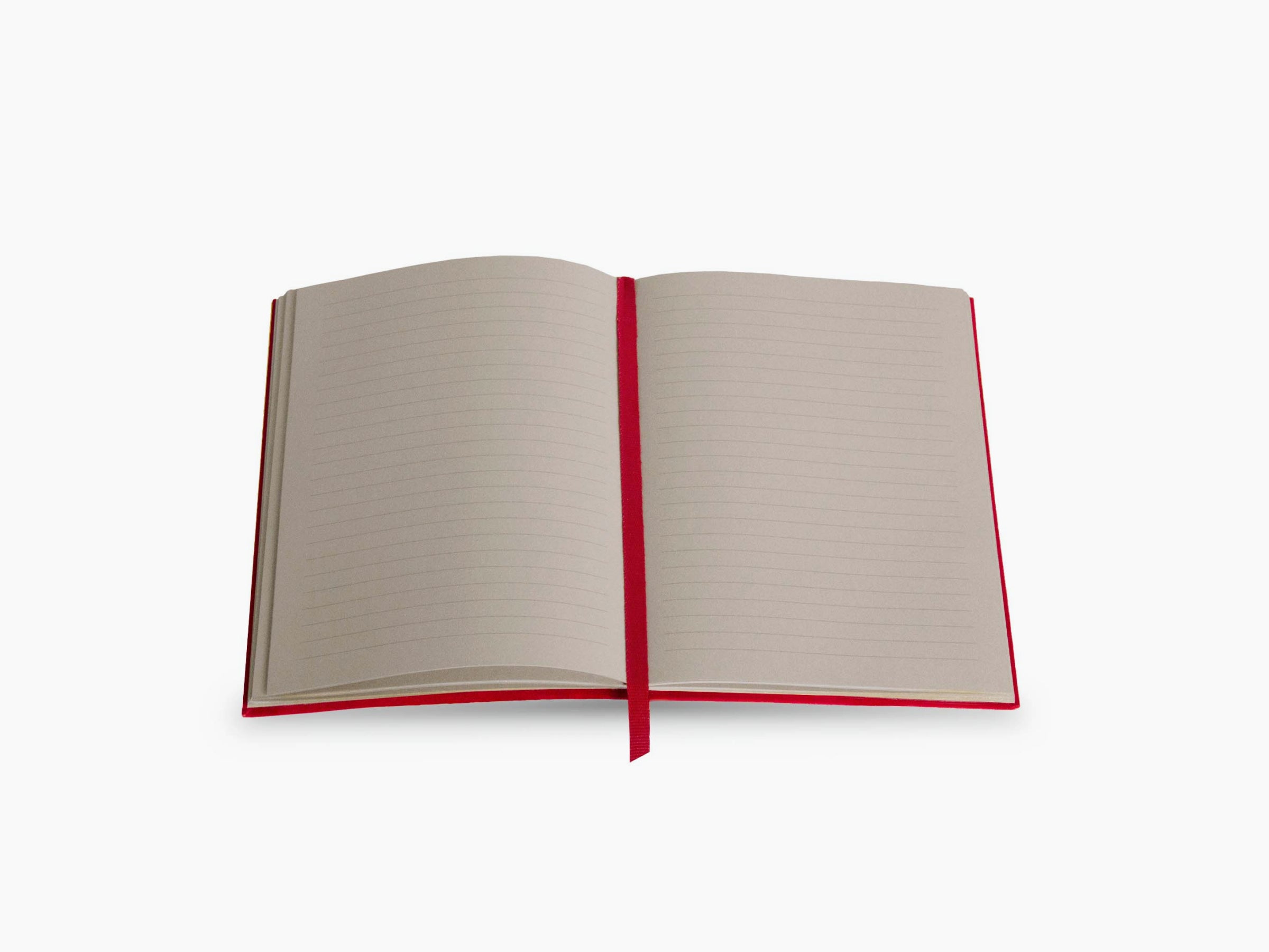 Open notebook with cream lined pages and a red ribbon bookmark against a white background.