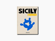 Sicily Honor book cover featuring bold black title and a blue palm graphic on a beige background.