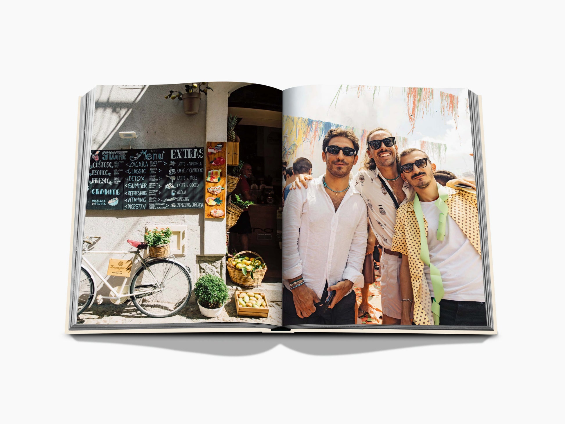 Sicily Honor open book spread featuring a chalkboard cafe menu on the left and a group of friends posing outdoors on the right.