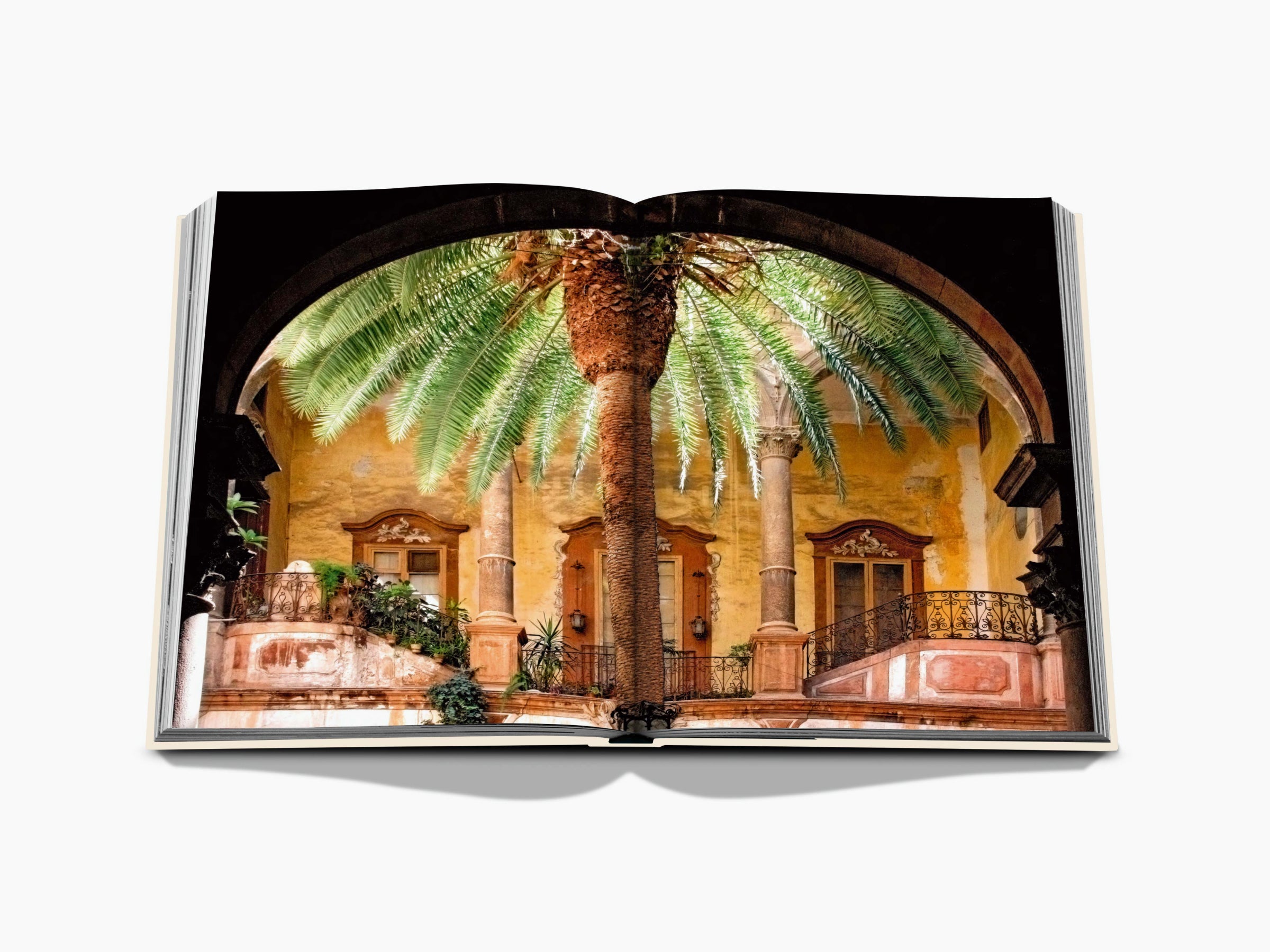 Sunlit Sicilian courtyard with a tall palm under an arch and ornate columns