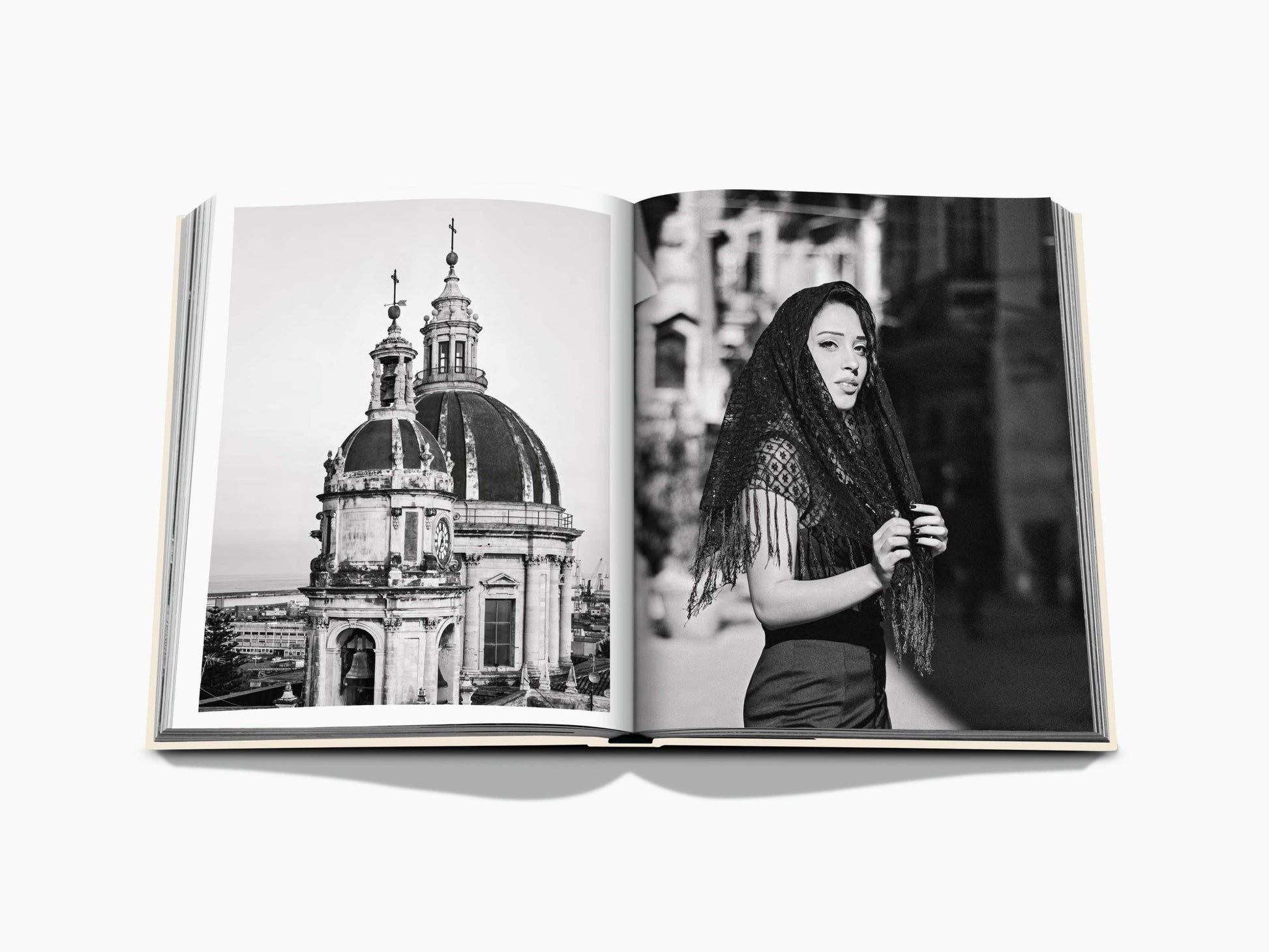 Open Sicily Honor spread with a domed church on the left and a woman in a lace headscarf on the right.