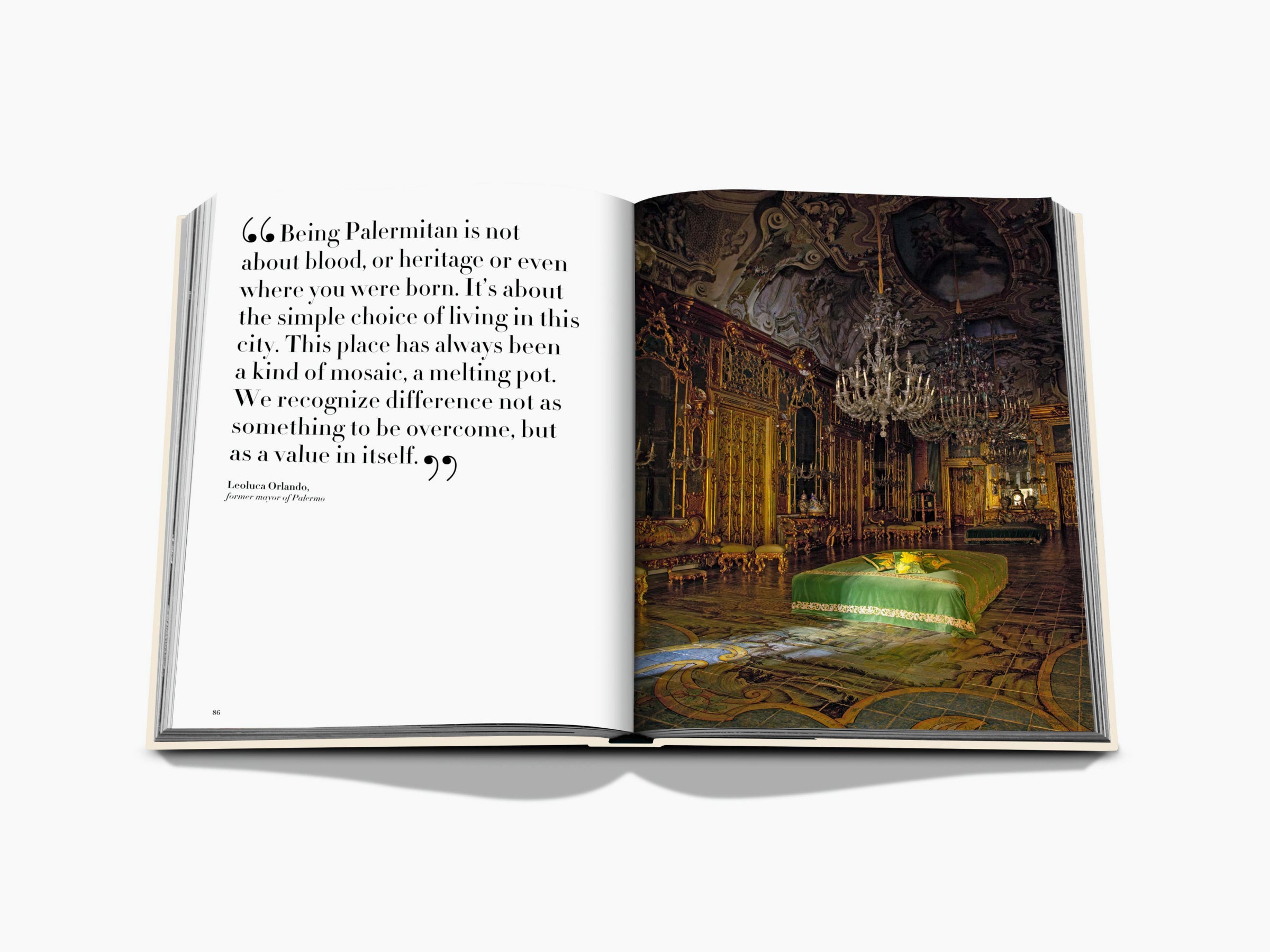 Open Sicily Honor spread showing a lavish palatial interior with chandeliers and gilded walls.