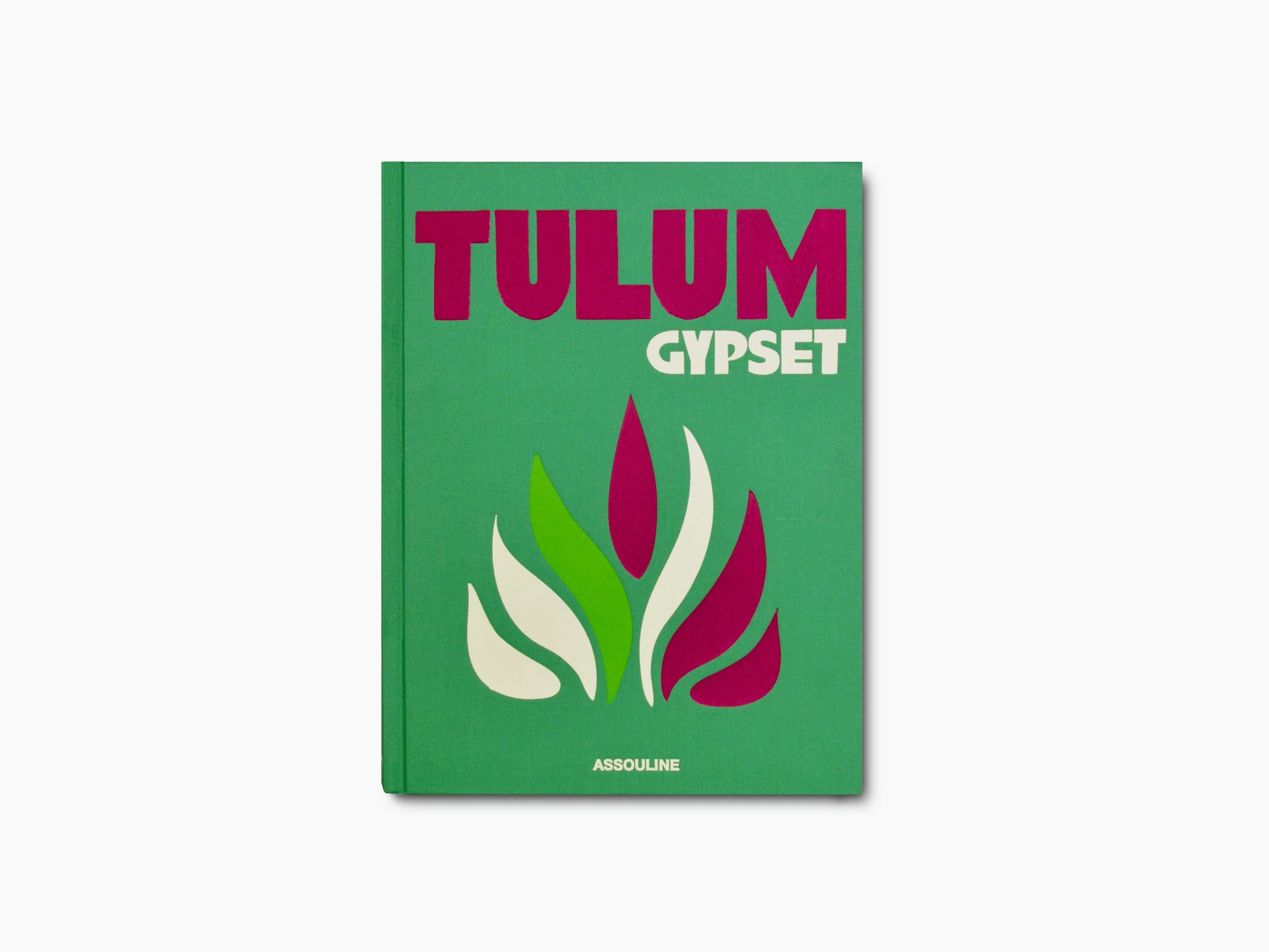 Green hardcover book titled TULUM GYPSET with magenta title and abstract leaf artwork, Assouline Travel Series