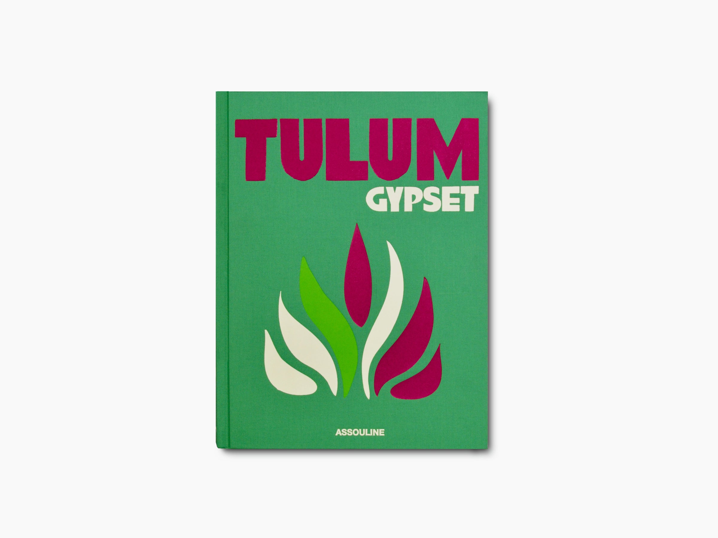 Green hardcover book titled TULUM GYPSET with magenta title and abstract leaf artwork, Assouline Travel Series
