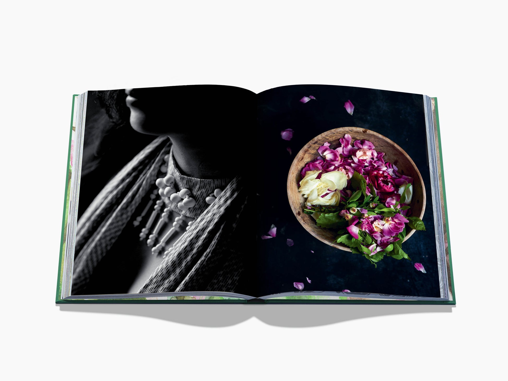 Spread from Tulum Gypset showing a black and white portrait with a chunky white bead necklace on the left and a wooden bowl of pink and white flowers on the right