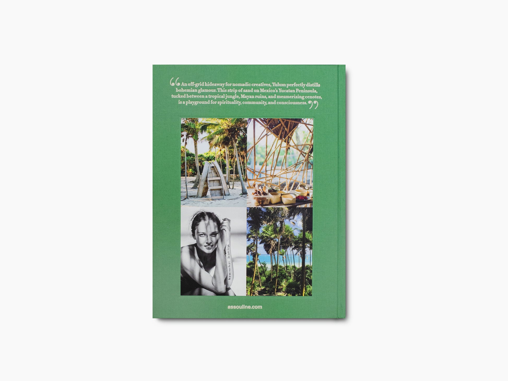 Back cover of green Tulum Gypset with a four image collage and a top quote