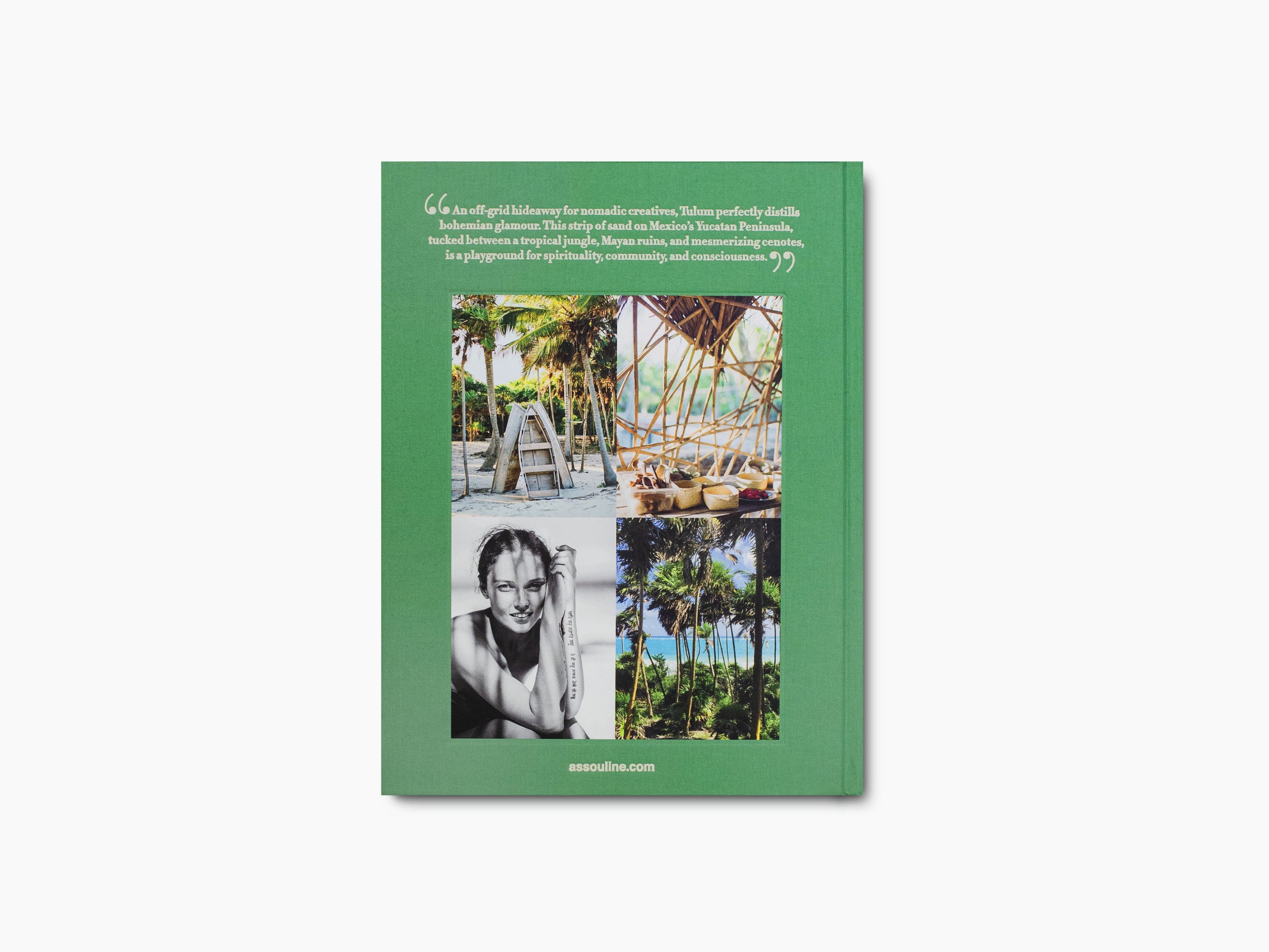 Back cover of green Tulum Gypset with a four image collage and a top quote
