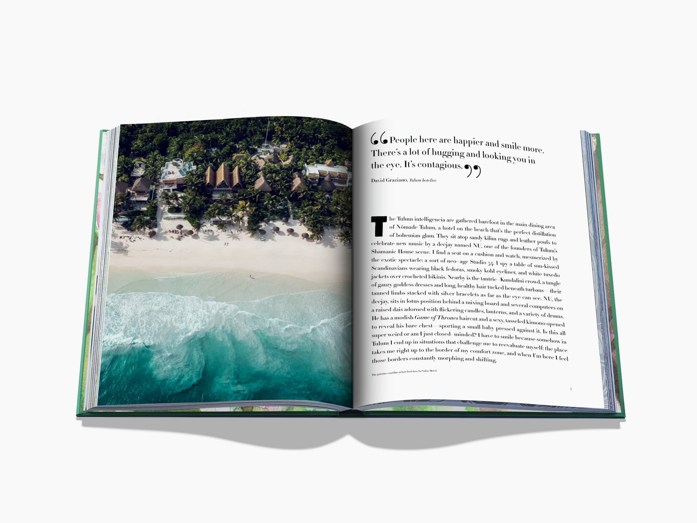 Open travel book spread with a tropical Tulum resort aerial view on the left and a text page with a quote on the right.