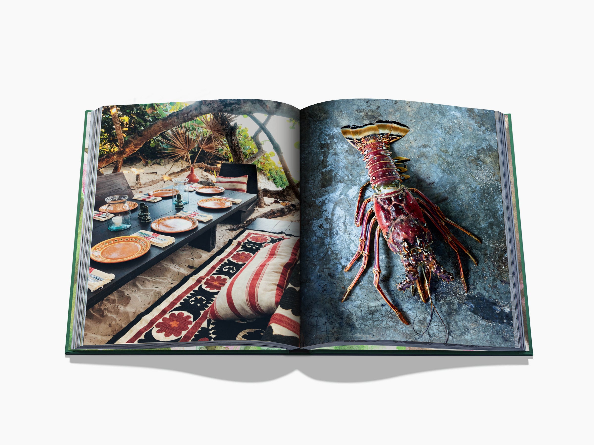 Two-page spread from Tulum Gypset showing a beachside dining setup with a low table, plates, glassware, and tropical cushions.
