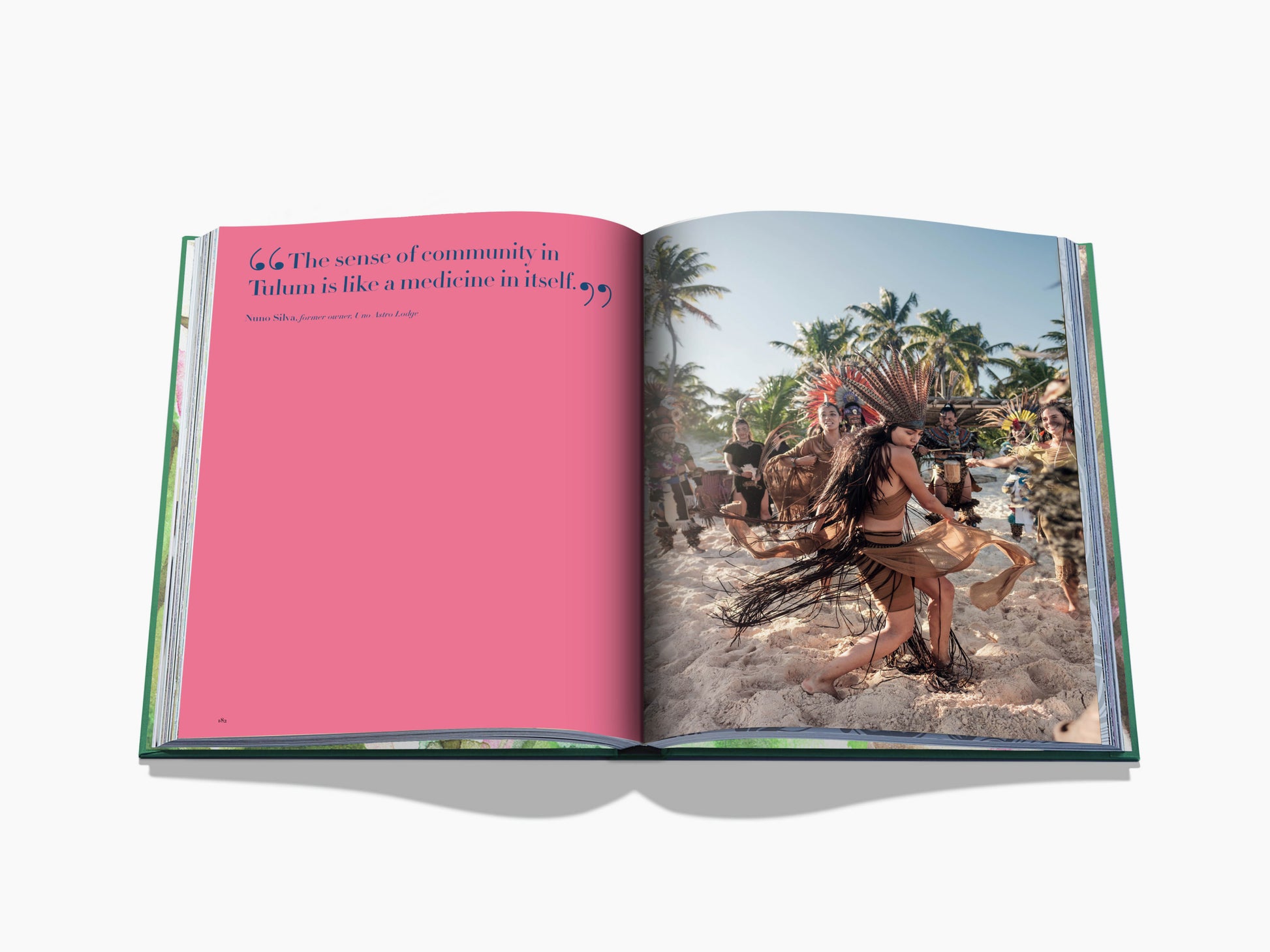 Two-page spread with a pink quote page on the left and a dancer with a feathered headdress on a sunny beach.